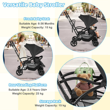 Foldable Twin Tandem Stroller, Sit And Stand, Adjustable Handle Bar, Black Baby Strollers at Gallery Canada