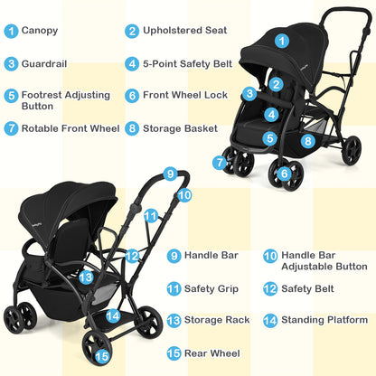 Foldable Twin Tandem Stroller, Sit And Stand, Adjustable Handle Bar, Black Baby Strollers at Gallery Canada