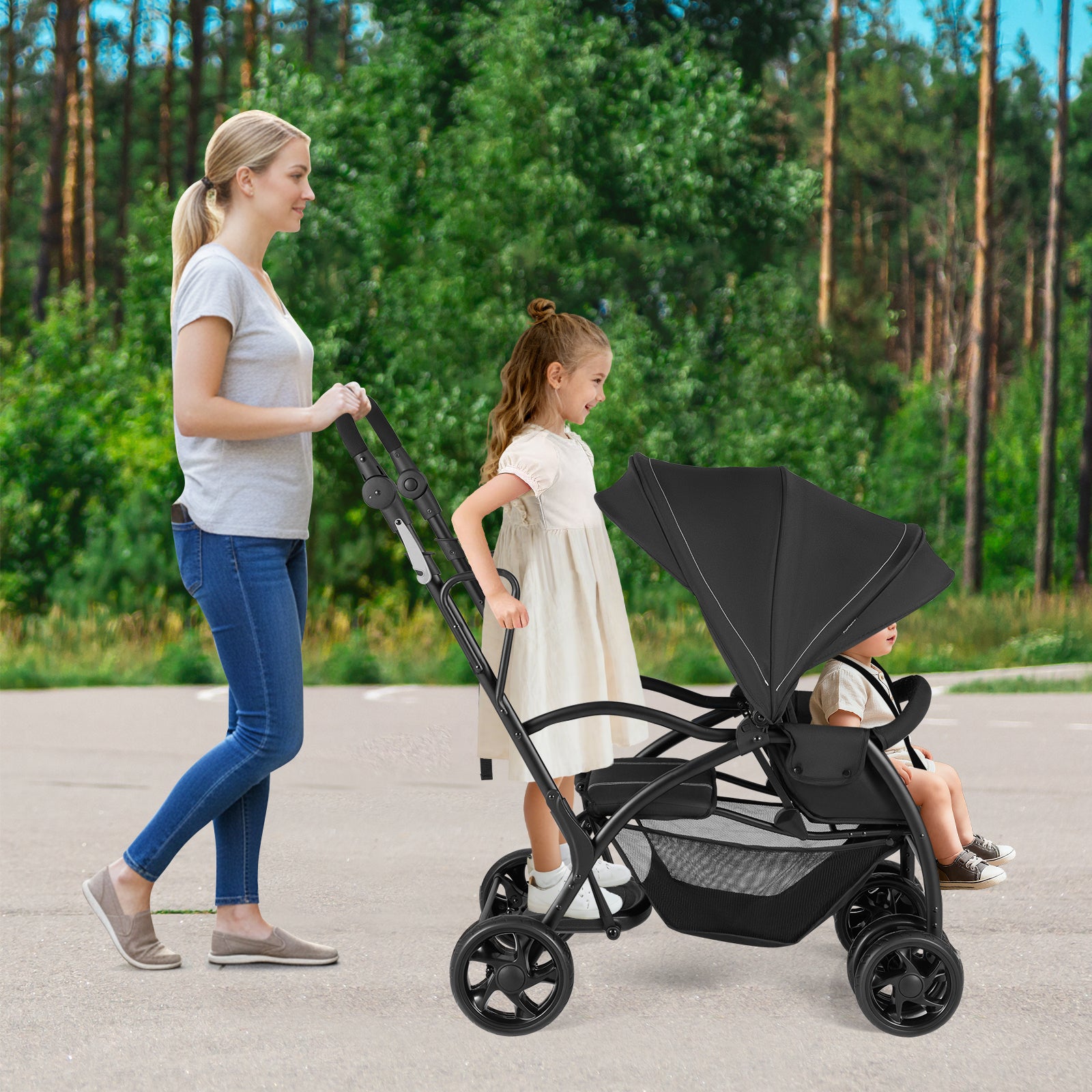 Foldable Twin Tandem Stroller, Sit And Stand, Adjustable Handle Bar, Black Baby Strollers at Gallery Canada