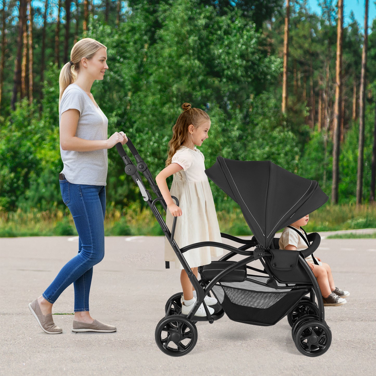 Foldable Twin Tandem Stroller, Sit And Stand, Adjustable Handle Bar, Black Baby Strollers at Gallery Canada