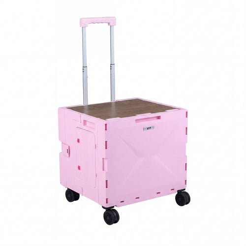 Foldable Utility Cart, 4 Rotating Wheels, Cup Holder, Pink