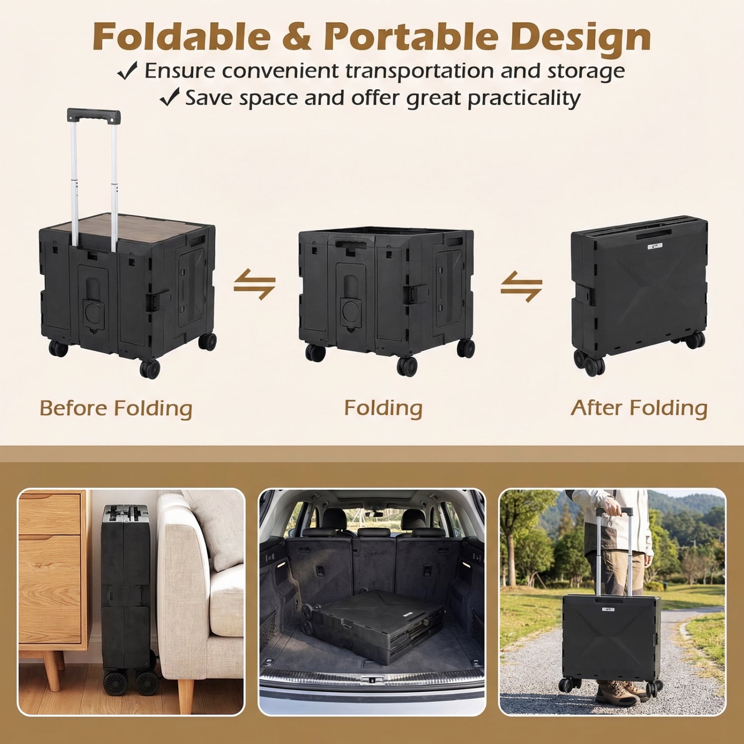 Foldable Utility Cart, 4 Rotate Wheels, Cup Holder, Black Garden Carts at Gallery Canada