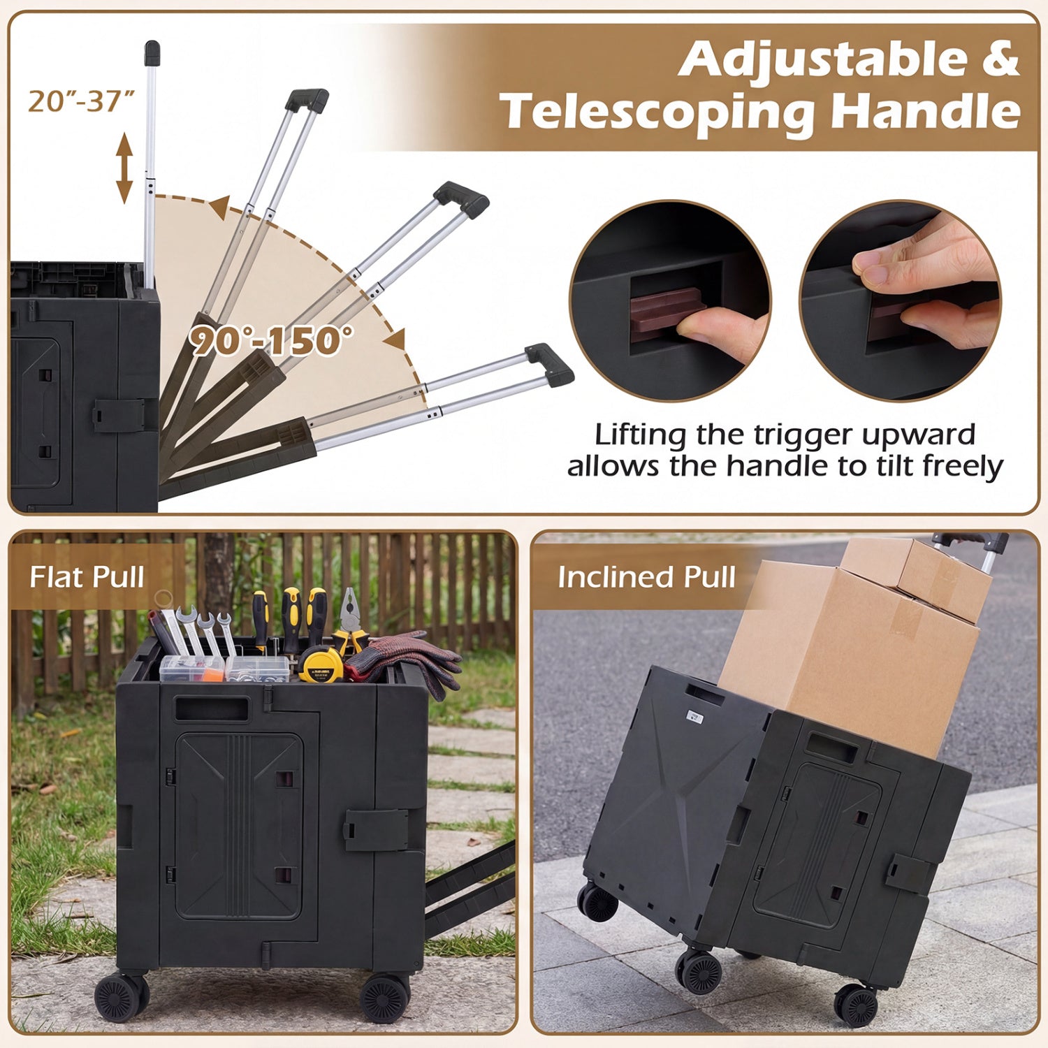Foldable Utility Cart, 4 Rotate Wheels, Cup Holder, Black Garden Carts at Gallery Canada