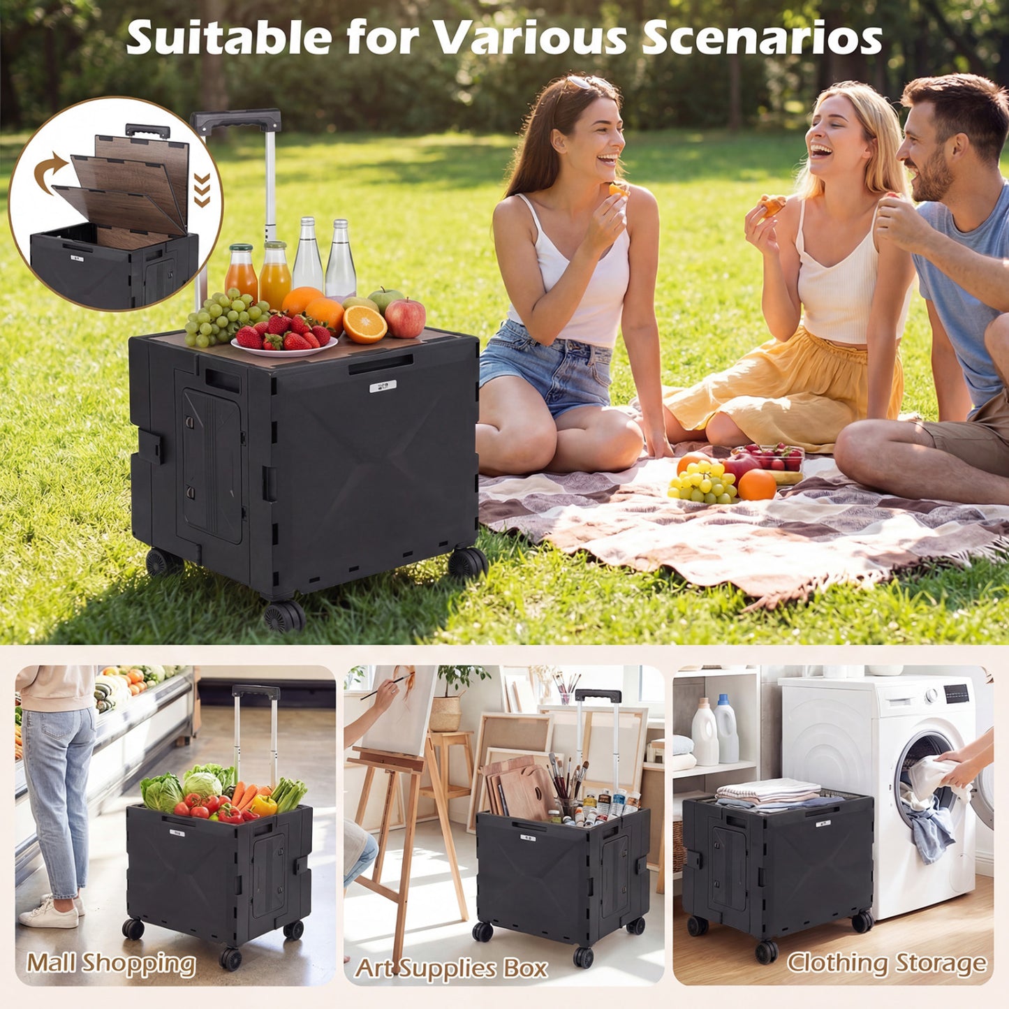 Foldable Utility Cart, 4 Rotate Wheels, Cup Holder, Black Garden Carts at Gallery Canada