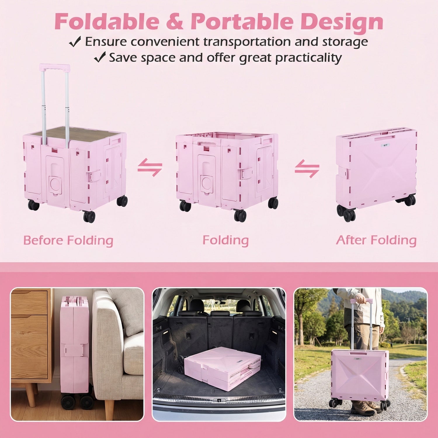 Foldable Utility Cart, 4 Rotating Wheels, Cup Holder, Pink Garden Carts at Gallery Canada