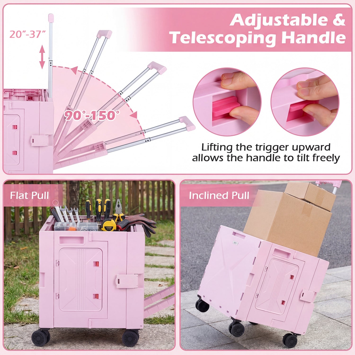 Foldable Utility Cart, 4 Rotating Wheels, Cup Holder, Pink Garden Carts at Gallery Canada