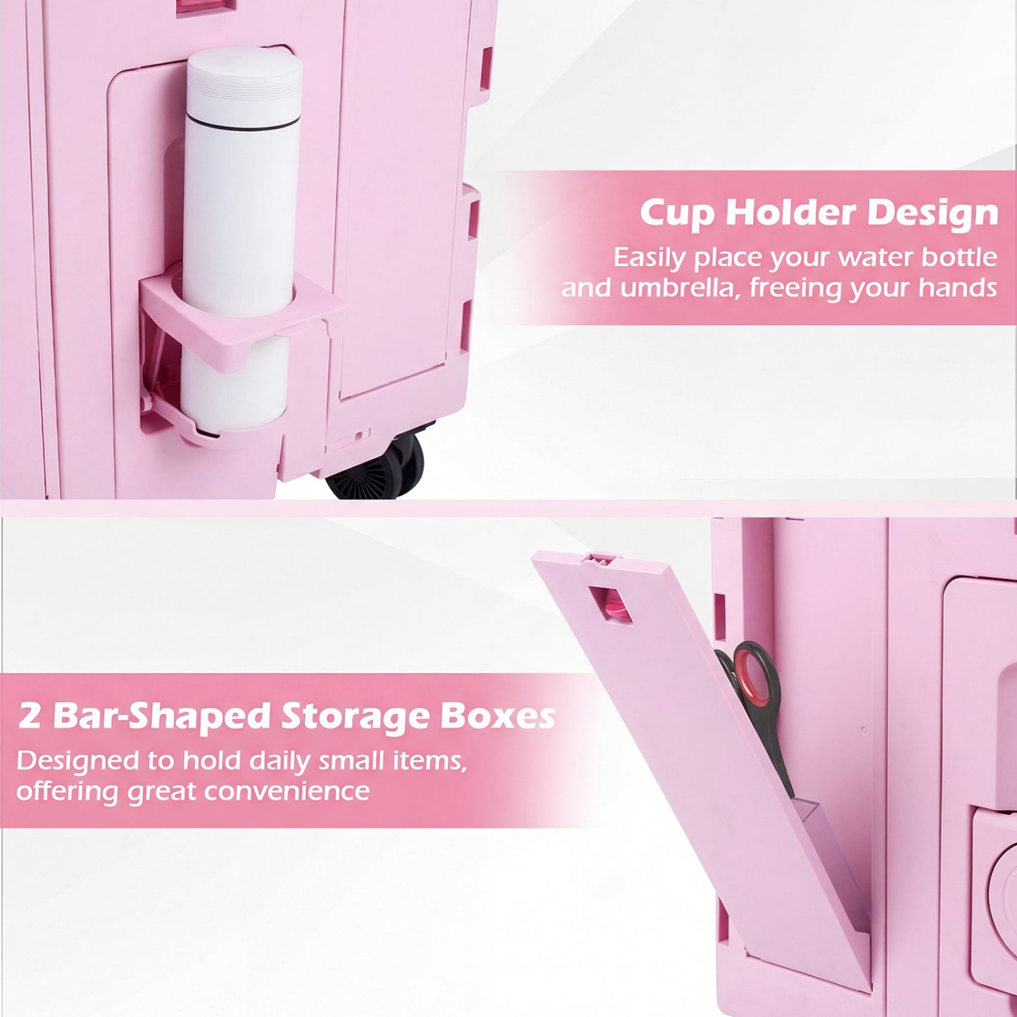 Foldable Utility Cart, 4 Rotating Wheels, Cup Holder, Pink Garden Carts at Gallery Canada