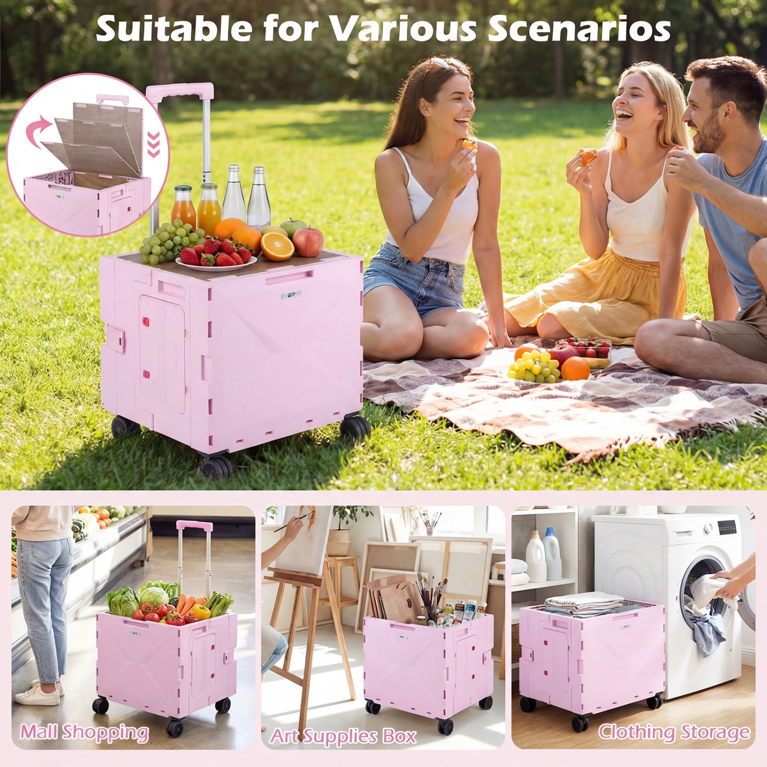 Foldable Utility Cart, 4 Rotating Wheels, Cup Holder, Pink Garden Carts at Gallery Canada