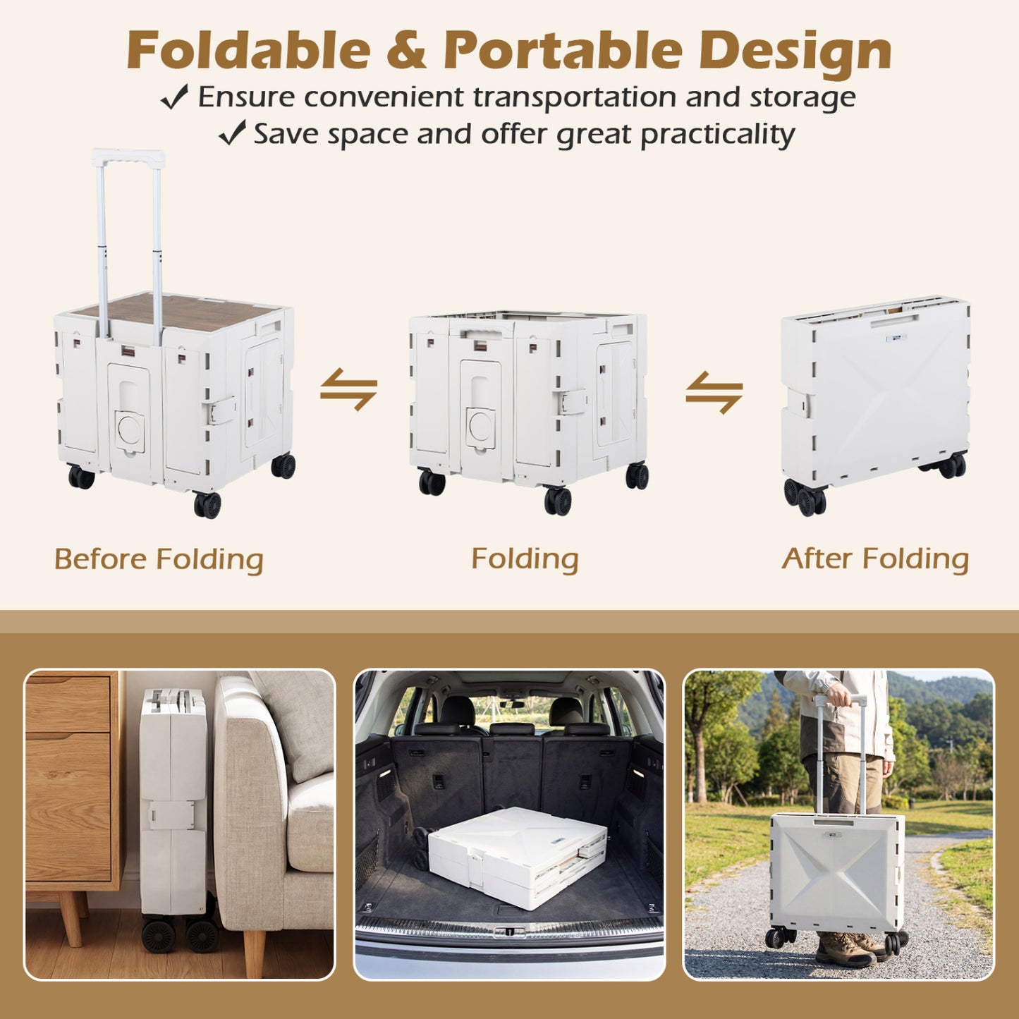 Foldable Utility Cart, 4 Rotate Wheels, Cup Holder, White Garden Carts at Gallery Canada