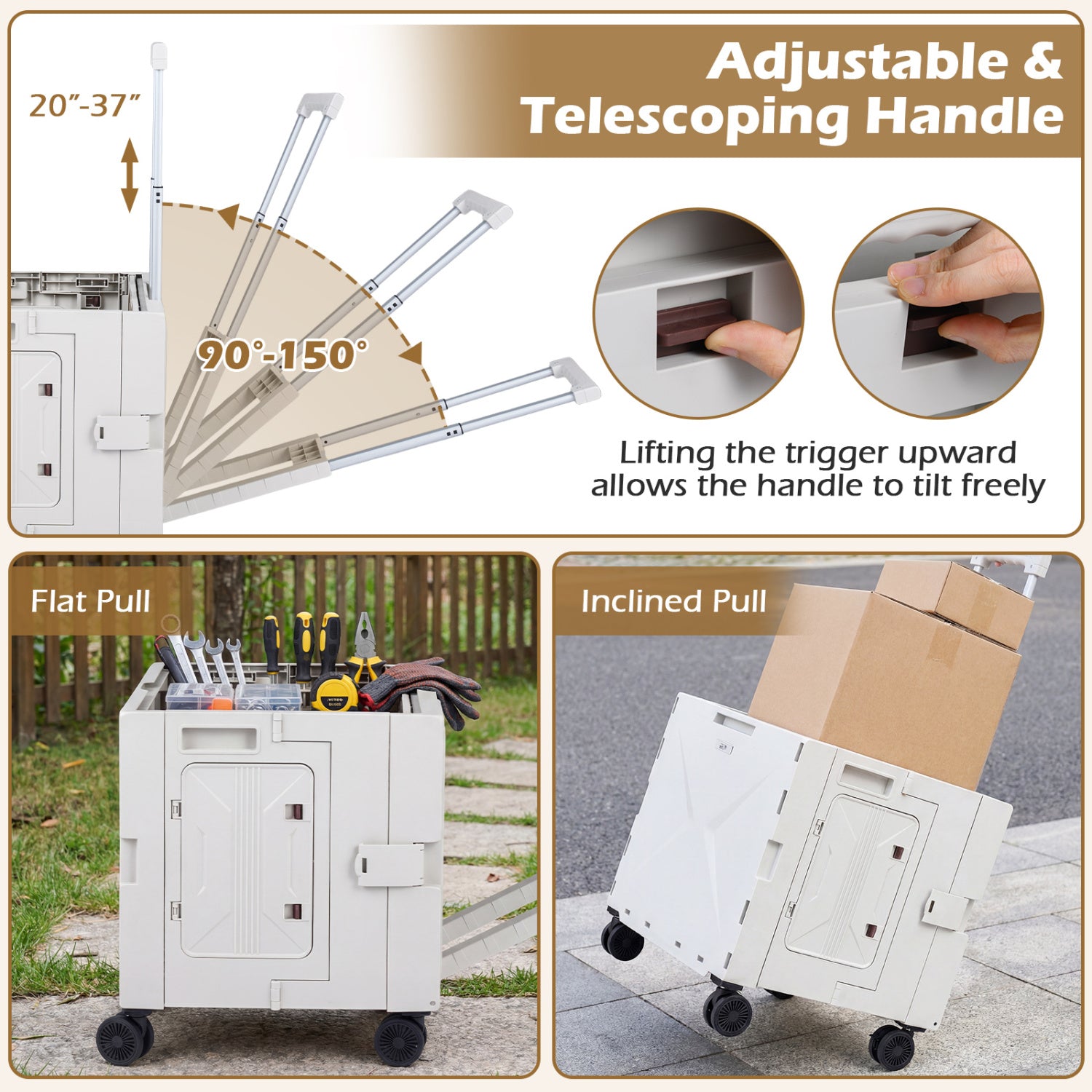 Foldable Utility Cart, 4 Rotate Wheels, Cup Holder, White Garden Carts at Gallery Canada