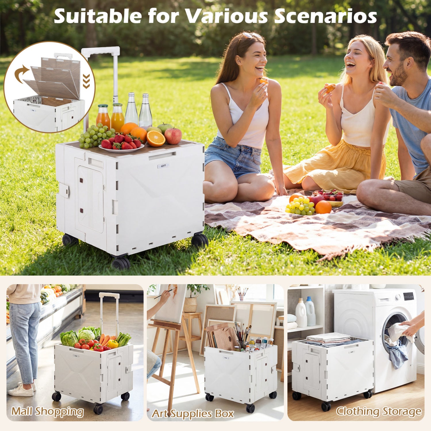 Foldable Utility Cart, 4 Rotate Wheels, Cup Holder, White Garden Carts at Gallery Canada