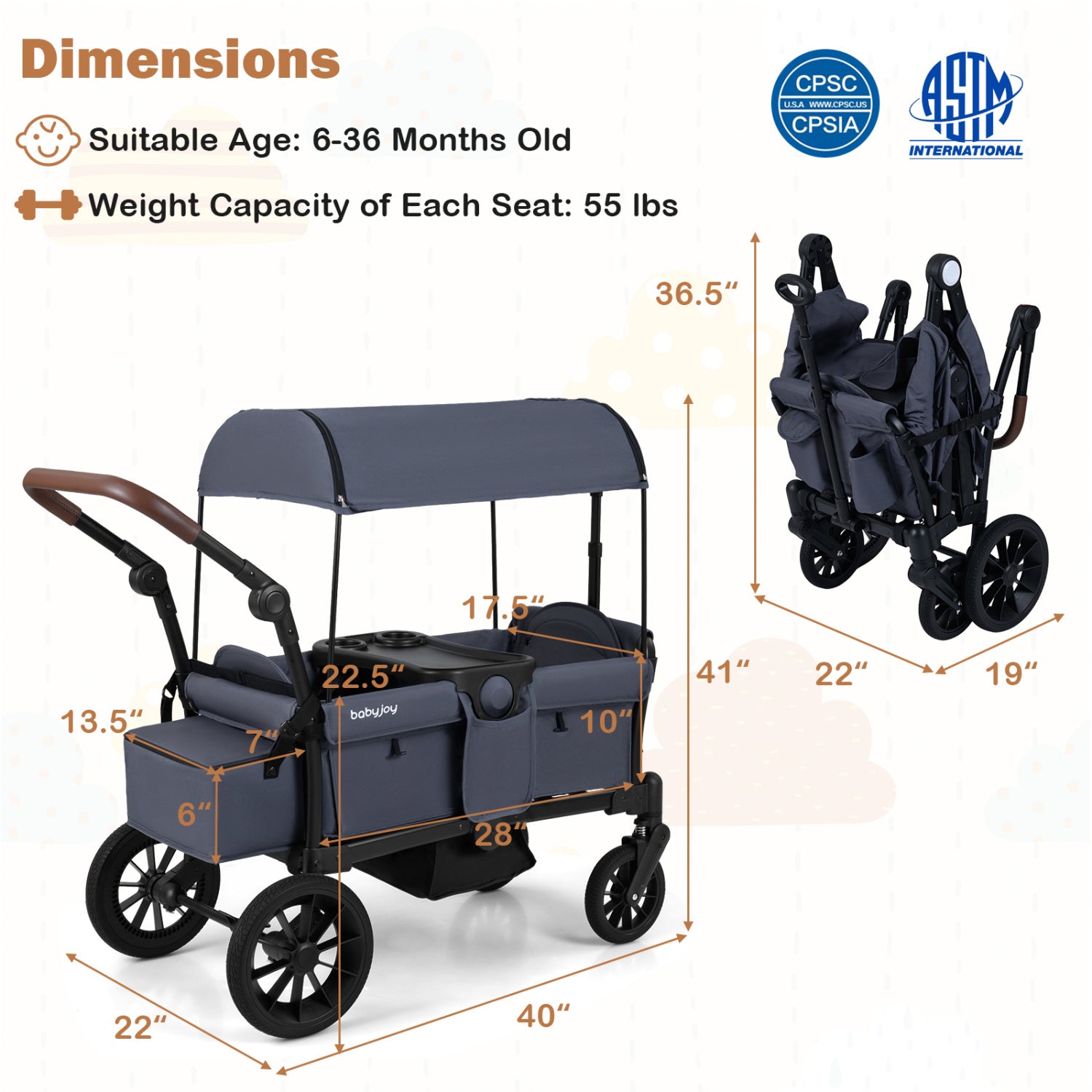 Foldable Wagon Stroller For 2 Kids, Double Seater, Removable Canopy, Gray Baby Strollers at Gallery Canada