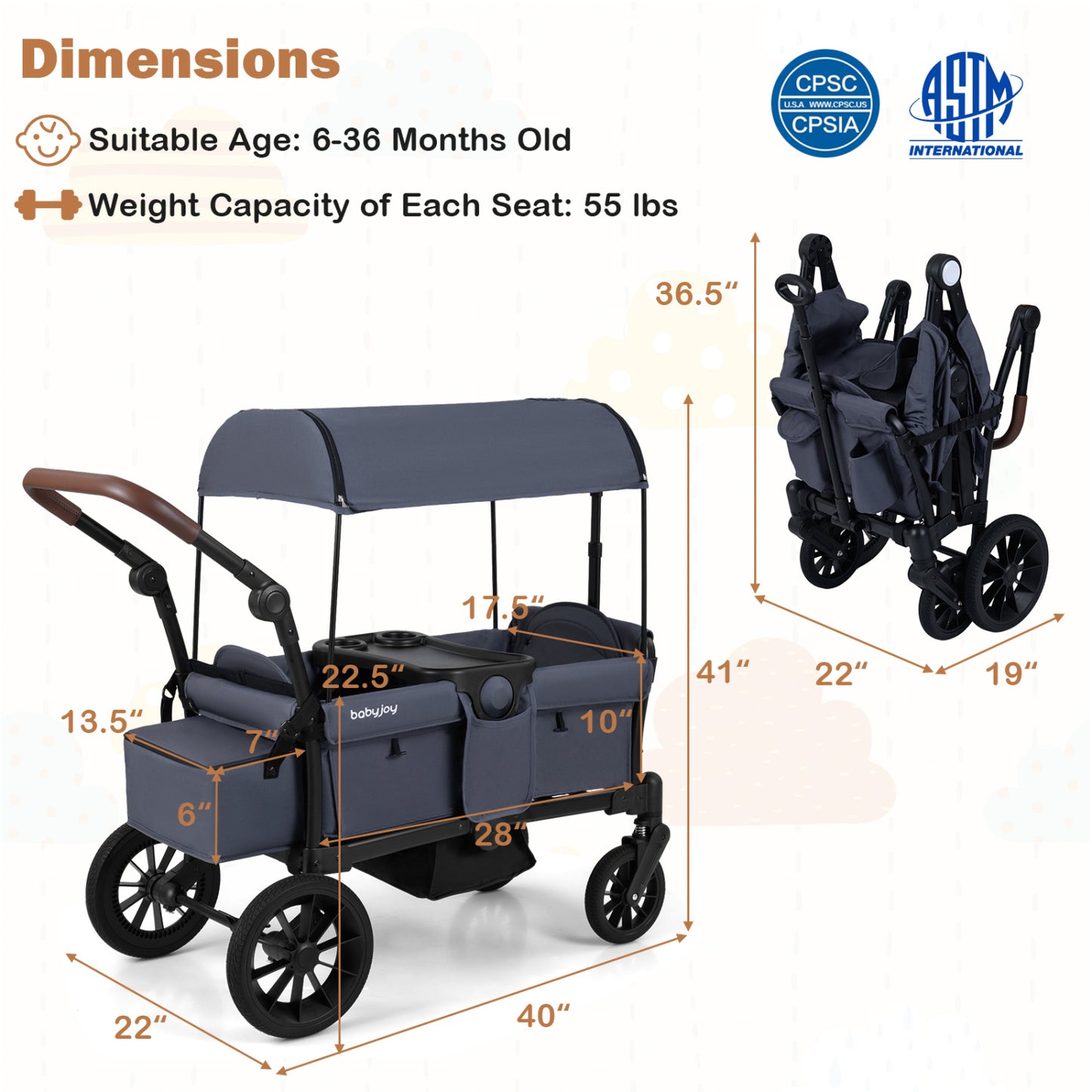 Foldable Wagon Stroller For 2 Kids, Double Seater, Removable Canopy, Gray Baby Strollers at Gallery Canada