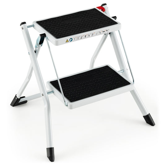 Folding 2 Step Ladder, Anti-Slip Pedal, Large Foot Pads, Black & White