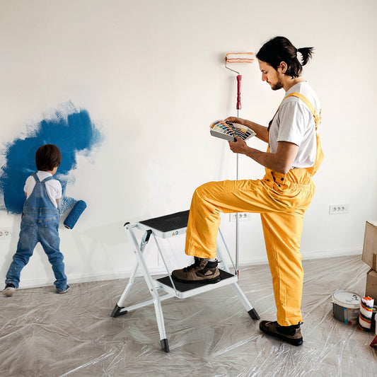 Folding 2 Step Ladder wiht Anti-Slip Pedal and Large Foot Pads, Black & White Ladders Black & White at Gallery Canada