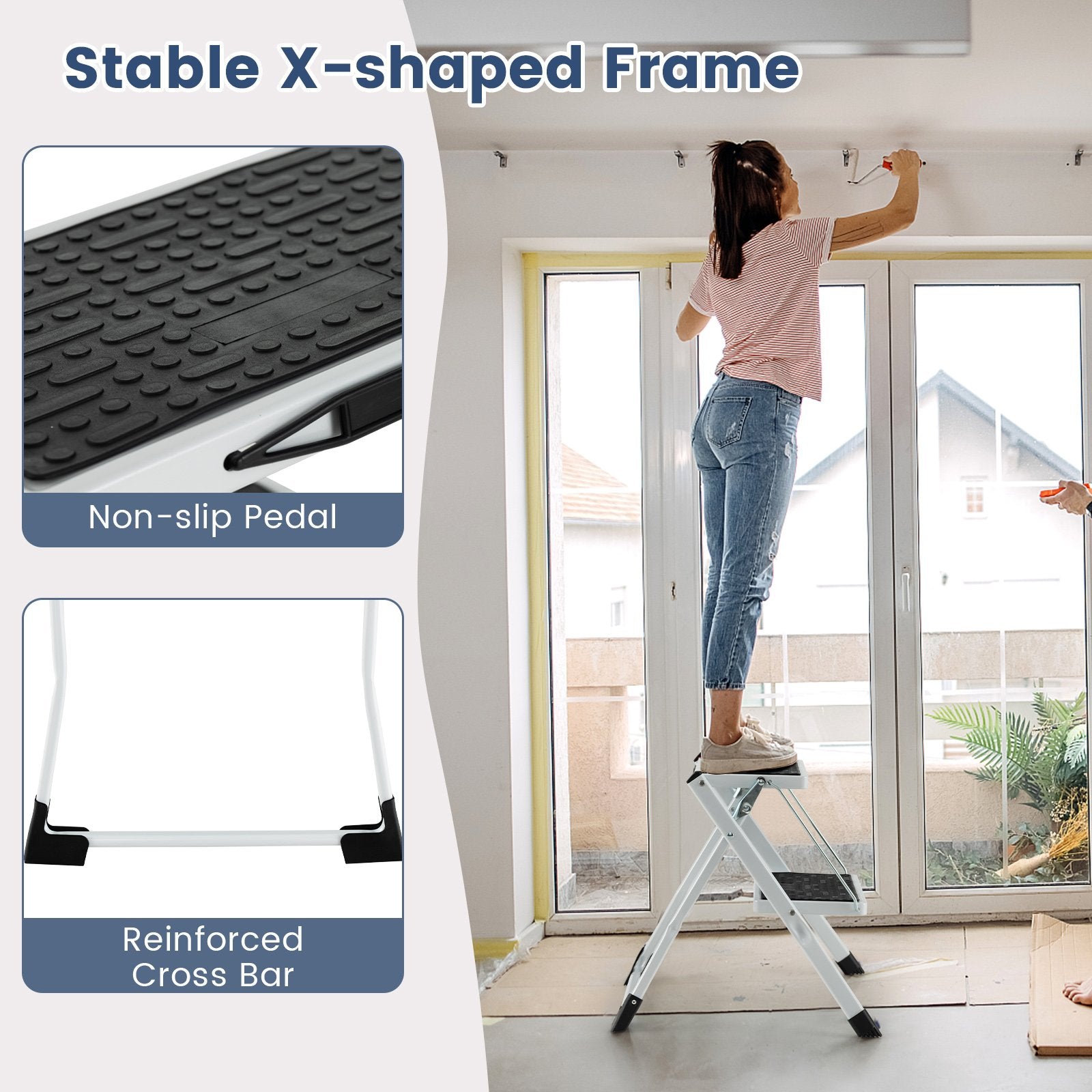 Folding 2 Step Ladder wiht Anti-Slip Pedal and Large Foot Pads, Black & White Ladders at Gallery Canada