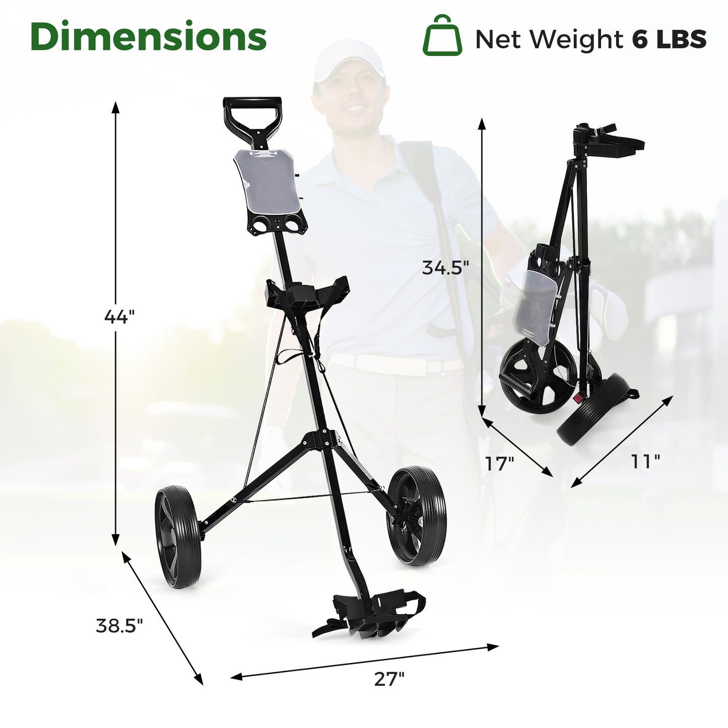 Folding 2 Wheels Golf Cart Trolley With Scoreboard, Black