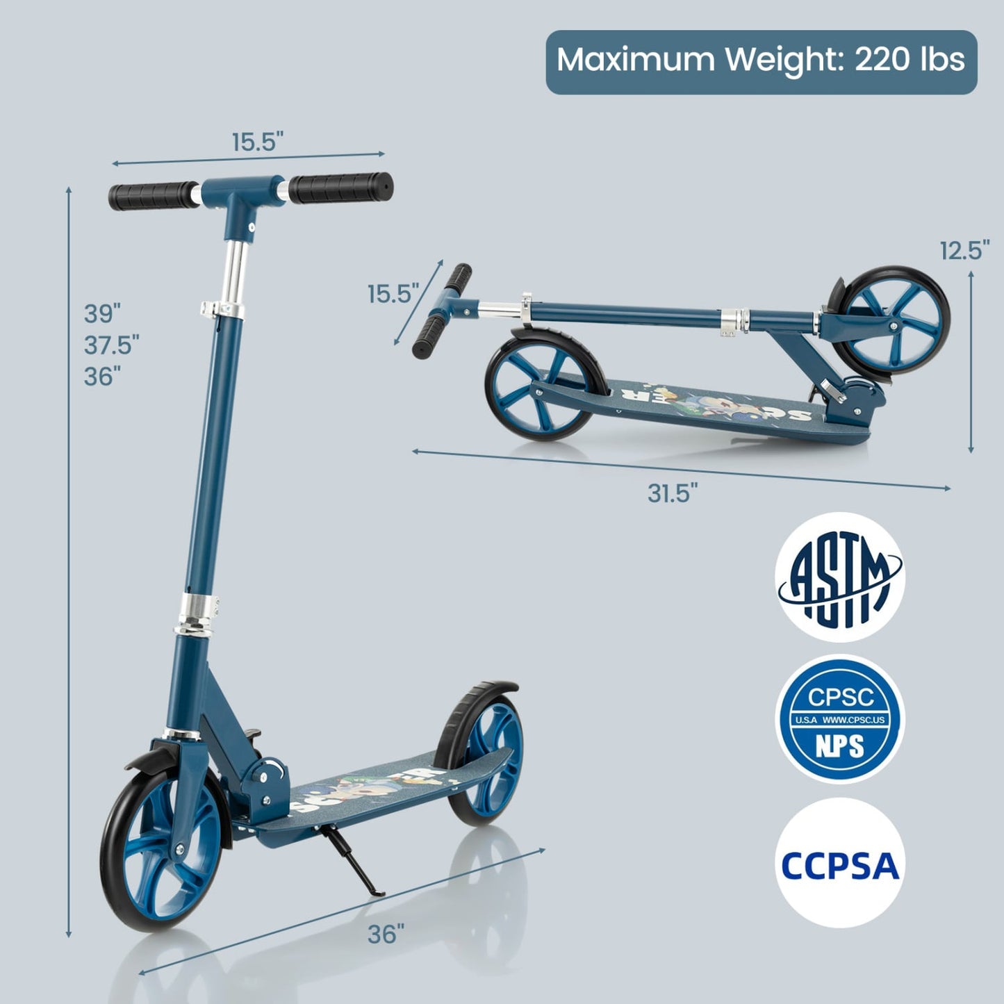 Folding Aluminum Alloy Scooter, 3 Adjustable Heights, Blue Scooters at Gallery Canada