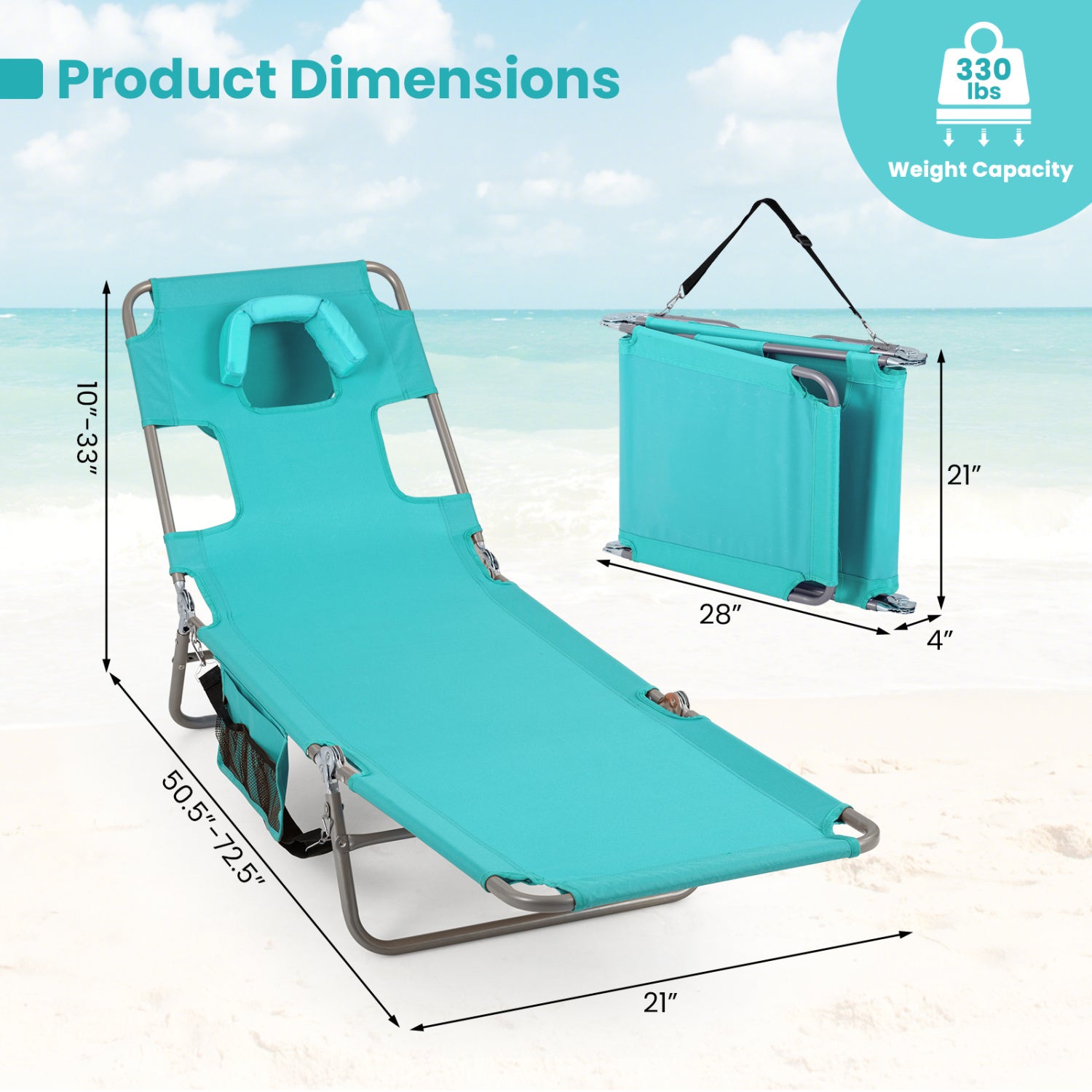 Folding Beach Lounge Chair, Adjustable Backrest, Light Green Beach & Lawn Chairs at Gallery Canada
