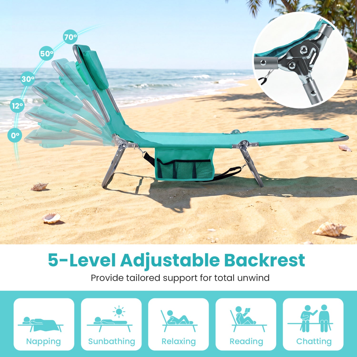Folding Beach Lounge Chair, Adjustable Backrest, Light Green Beach & Lawn Chairs at Gallery Canada