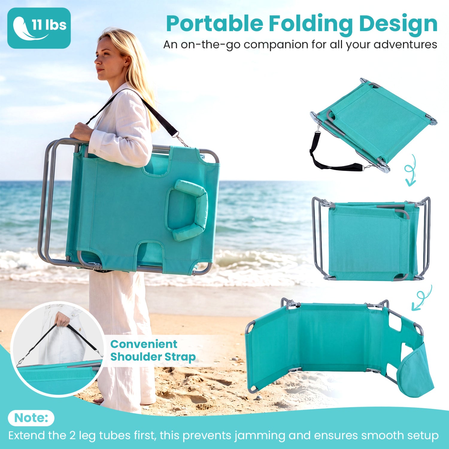 Folding Beach Lounge Chair, Adjustable Backrest, Light Green Beach & Lawn Chairs at Gallery Canada