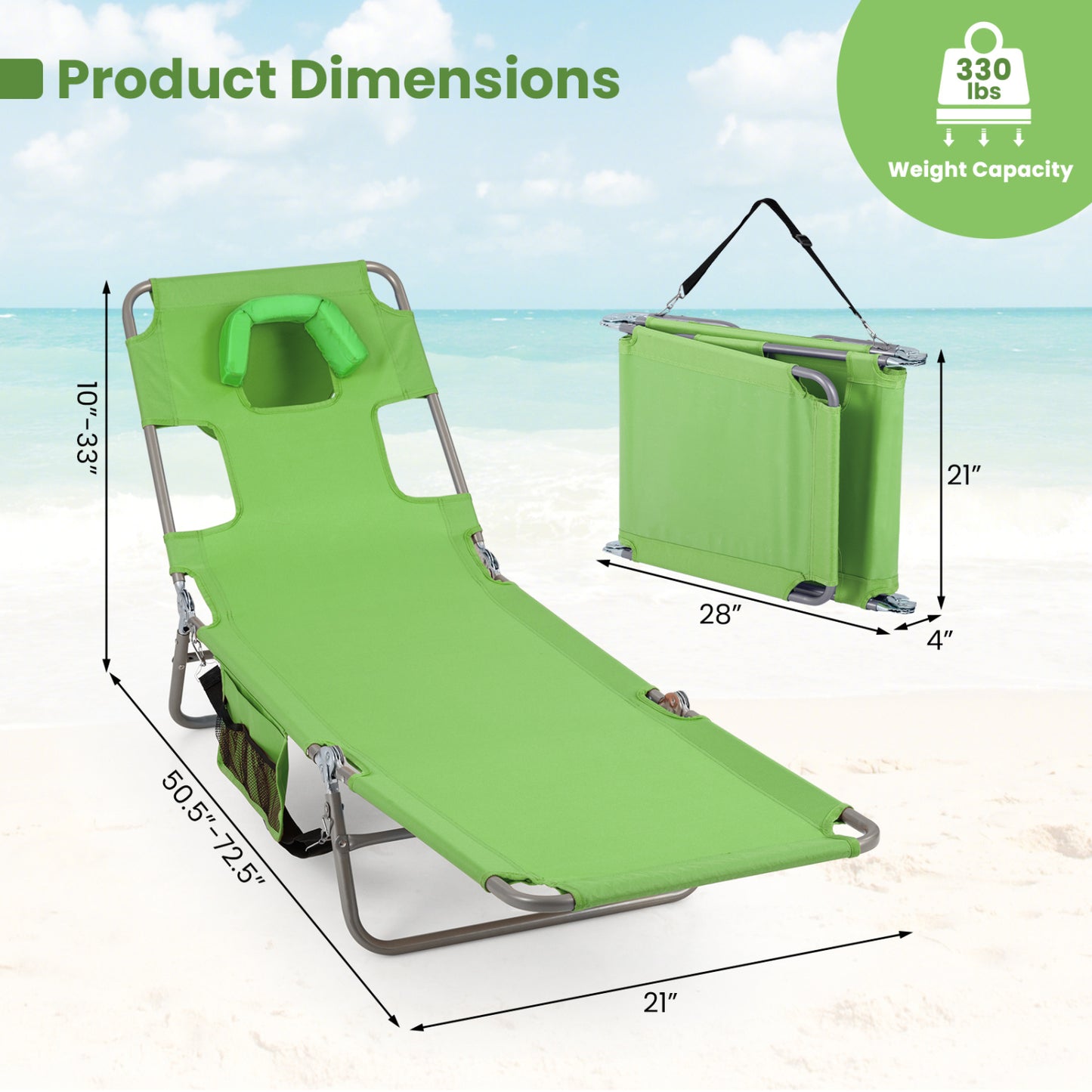Folding Beach Lounge Chair, Adjustable Backrest, Green Beach & Lawn Chairs at Gallery Canada