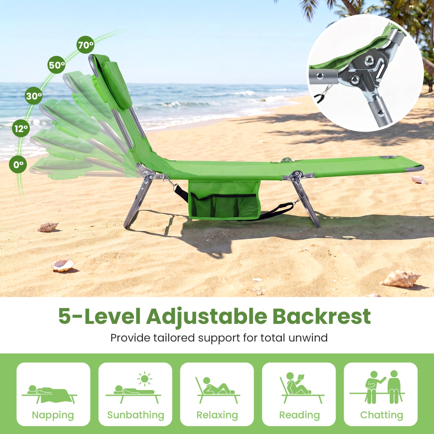 Folding Beach Lounge Chair, Adjustable Backrest, Green Beach & Lawn Chairs at Gallery Canada