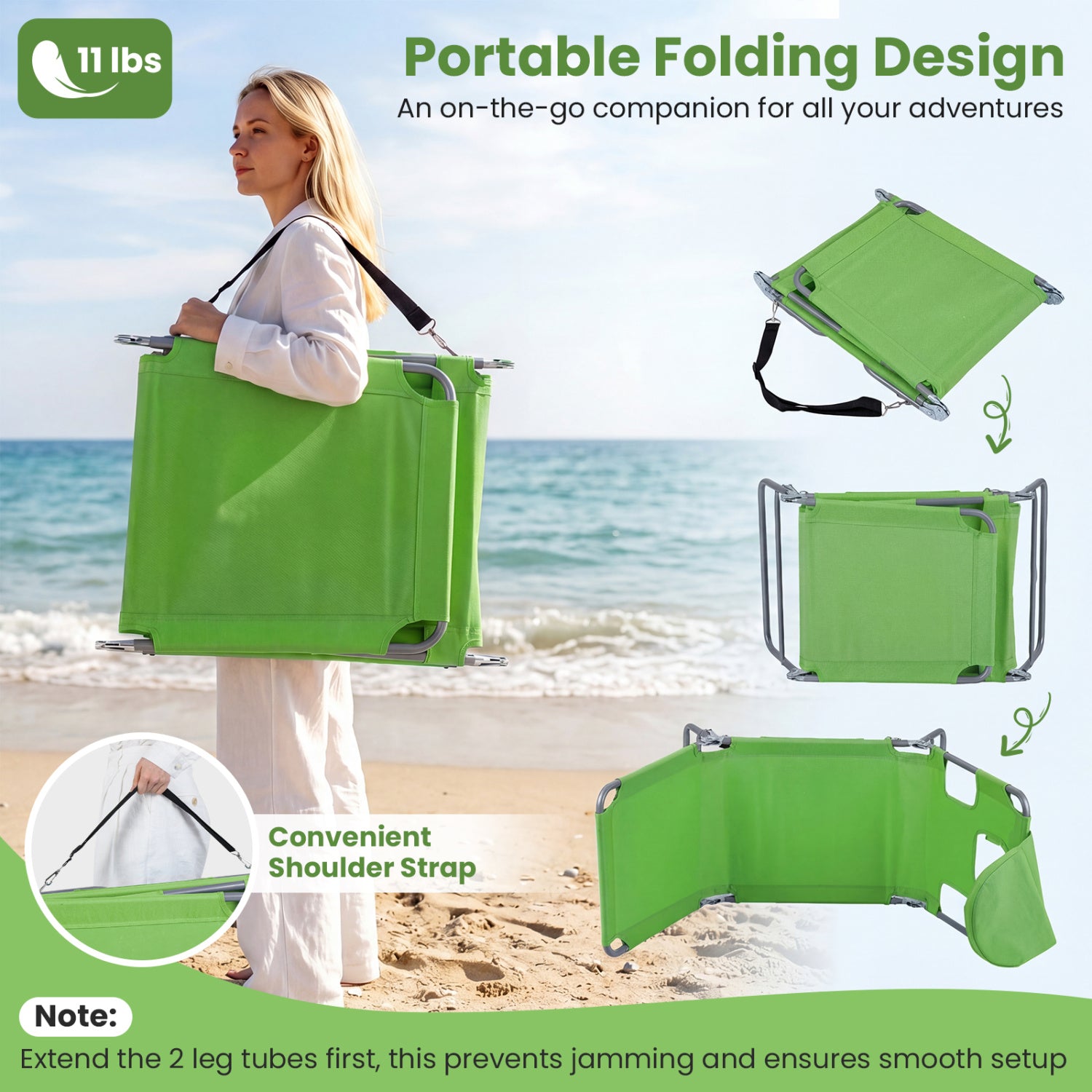 Folding Beach Lounge Chair, Adjustable Backrest, Green Beach & Lawn Chairs at Gallery Canada