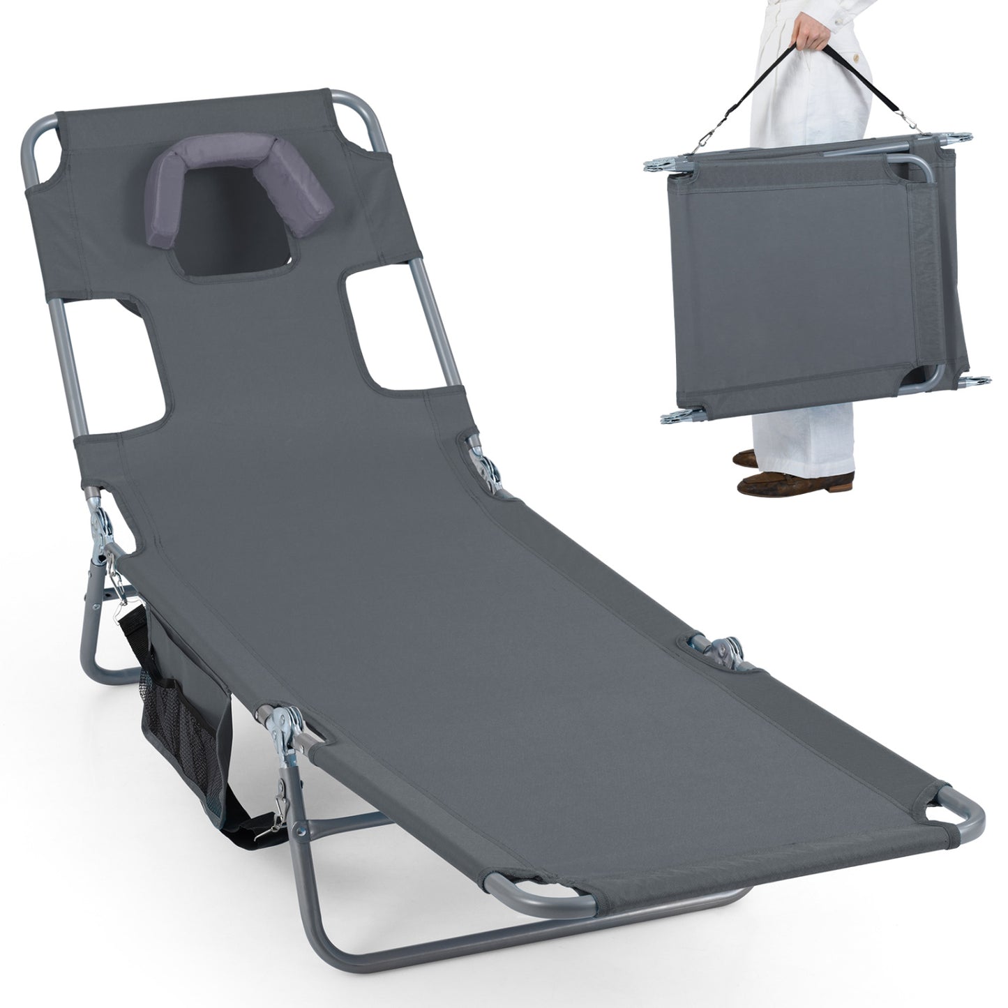 Folding Beach Lounge Chair, Adjustable Backrest, Gray Beach & Lawn Chairs Gray at Gallery Canada