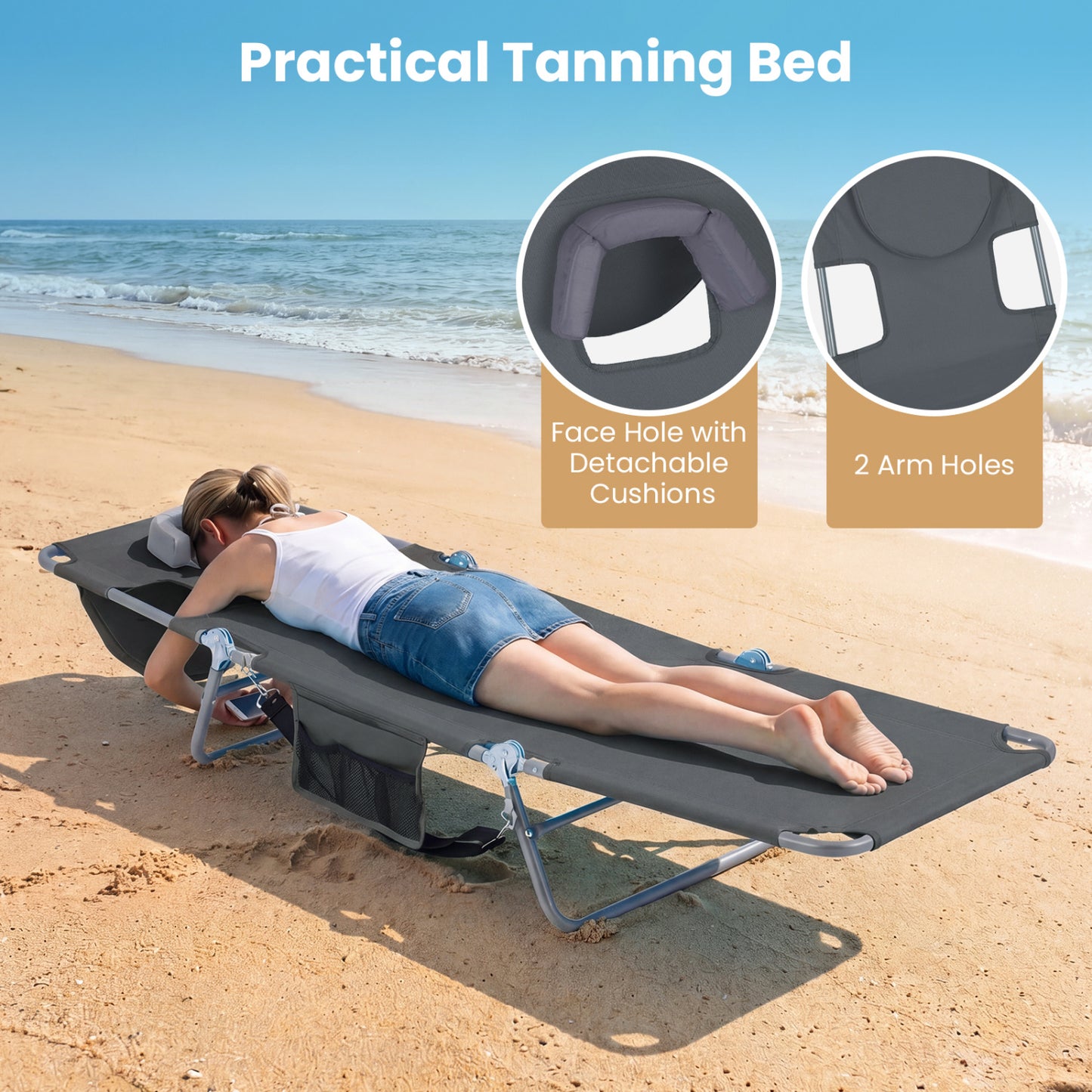 Folding Beach Lounge Chair, Adjustable Backrest, Gray Beach & Lawn Chairs at Gallery Canada