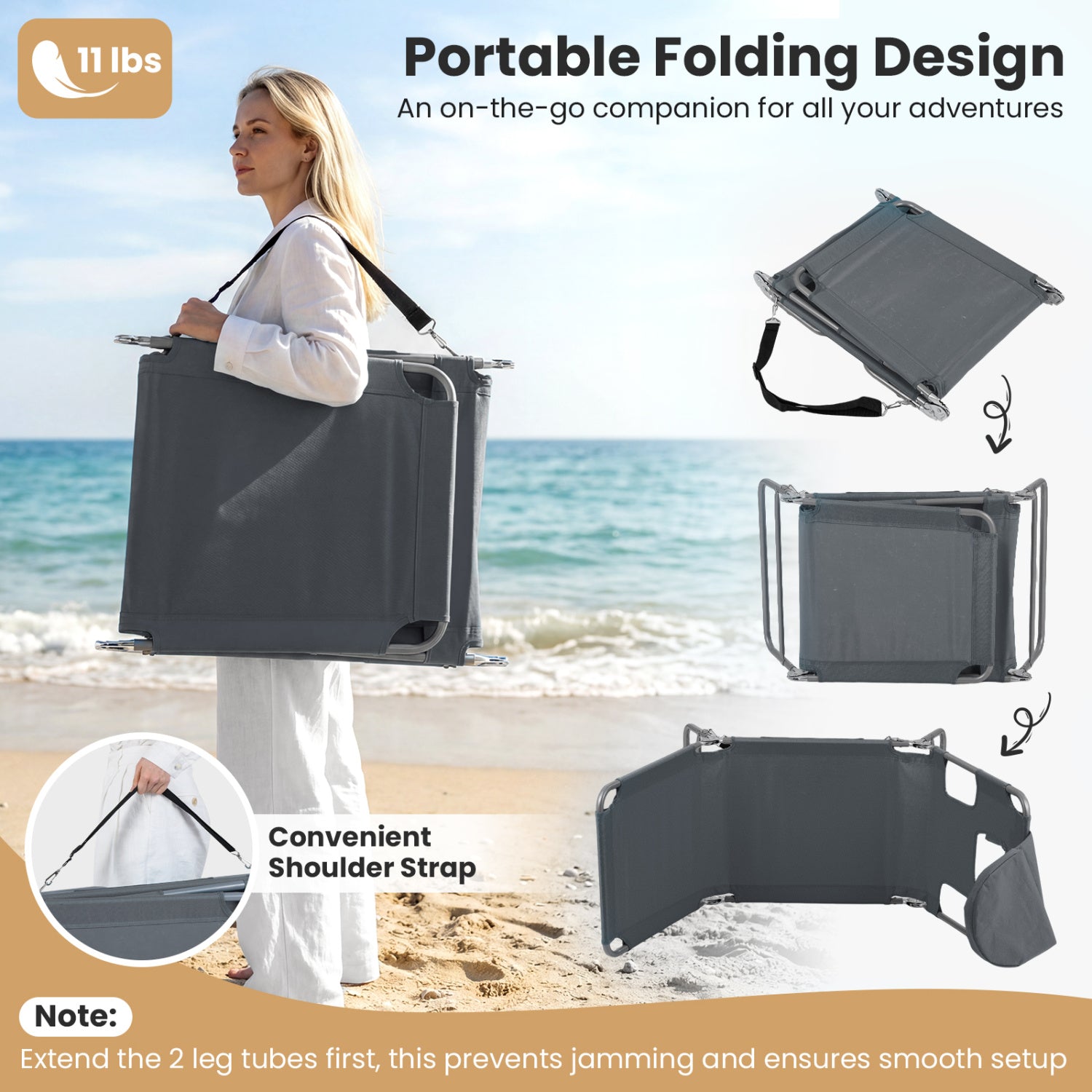 Folding Beach Lounge Chair, Adjustable Backrest, Gray Beach & Lawn Chairs at Gallery Canada