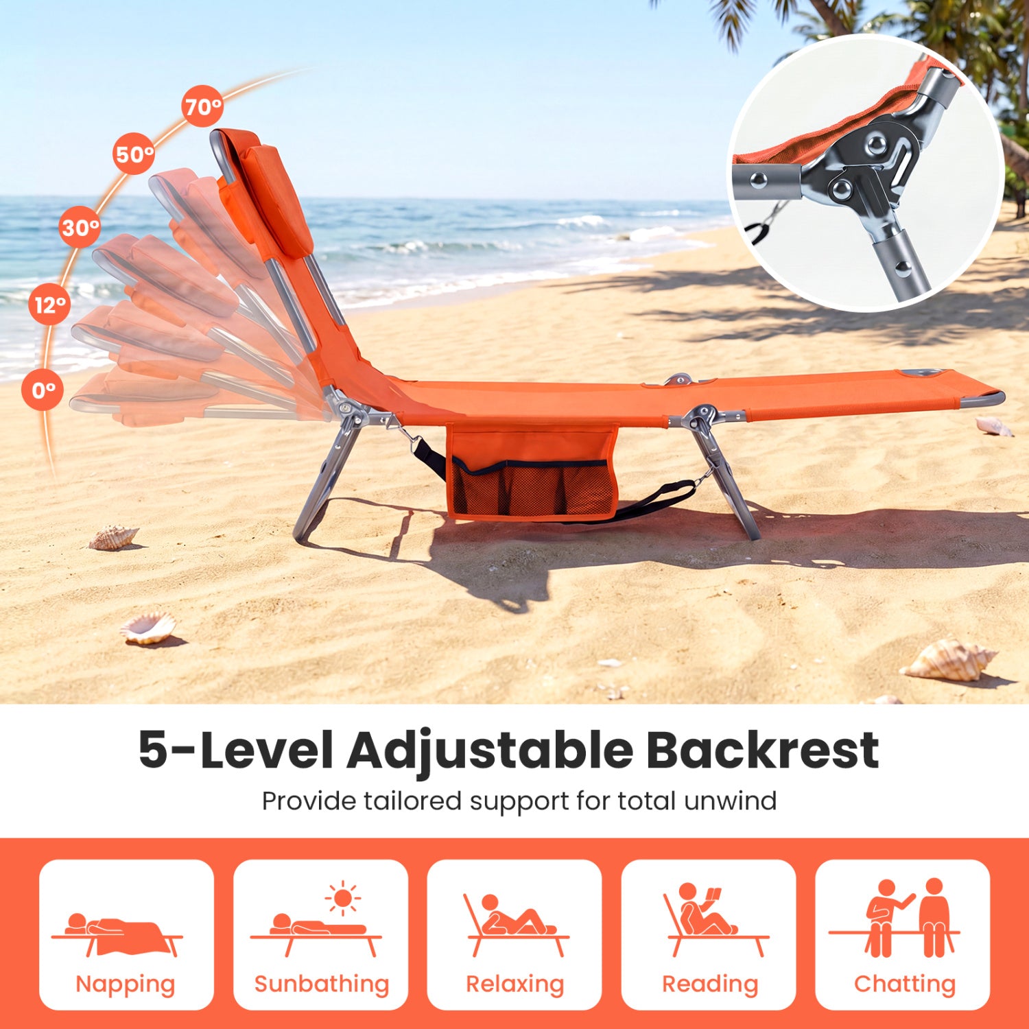 Folding Beach Lounge Chair, Adjustable Backrest, Orange Beach & Lawn Chairs at Gallery Canada