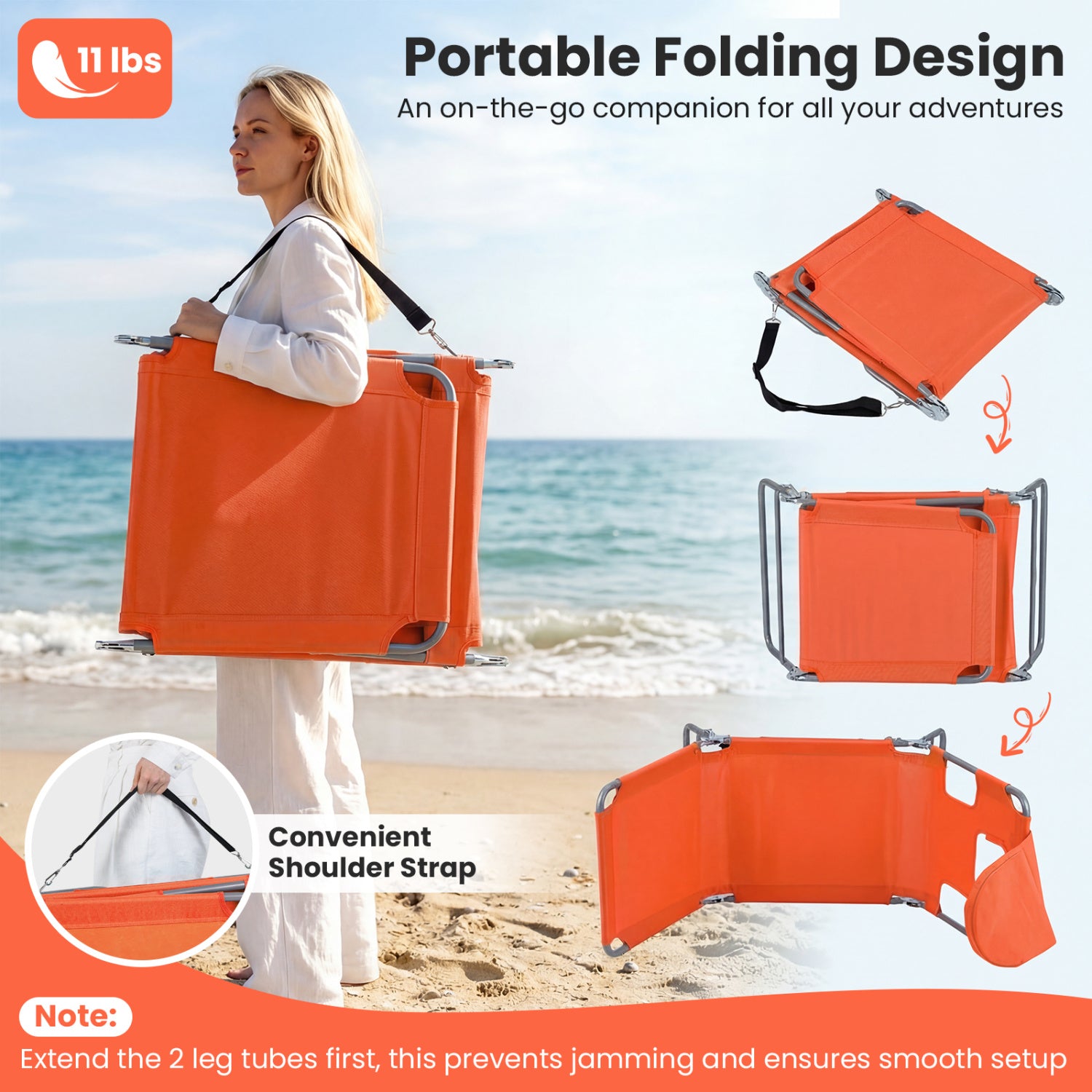 Folding Beach Lounge Chair, Adjustable Backrest, Orange Beach & Lawn Chairs at Gallery Canada