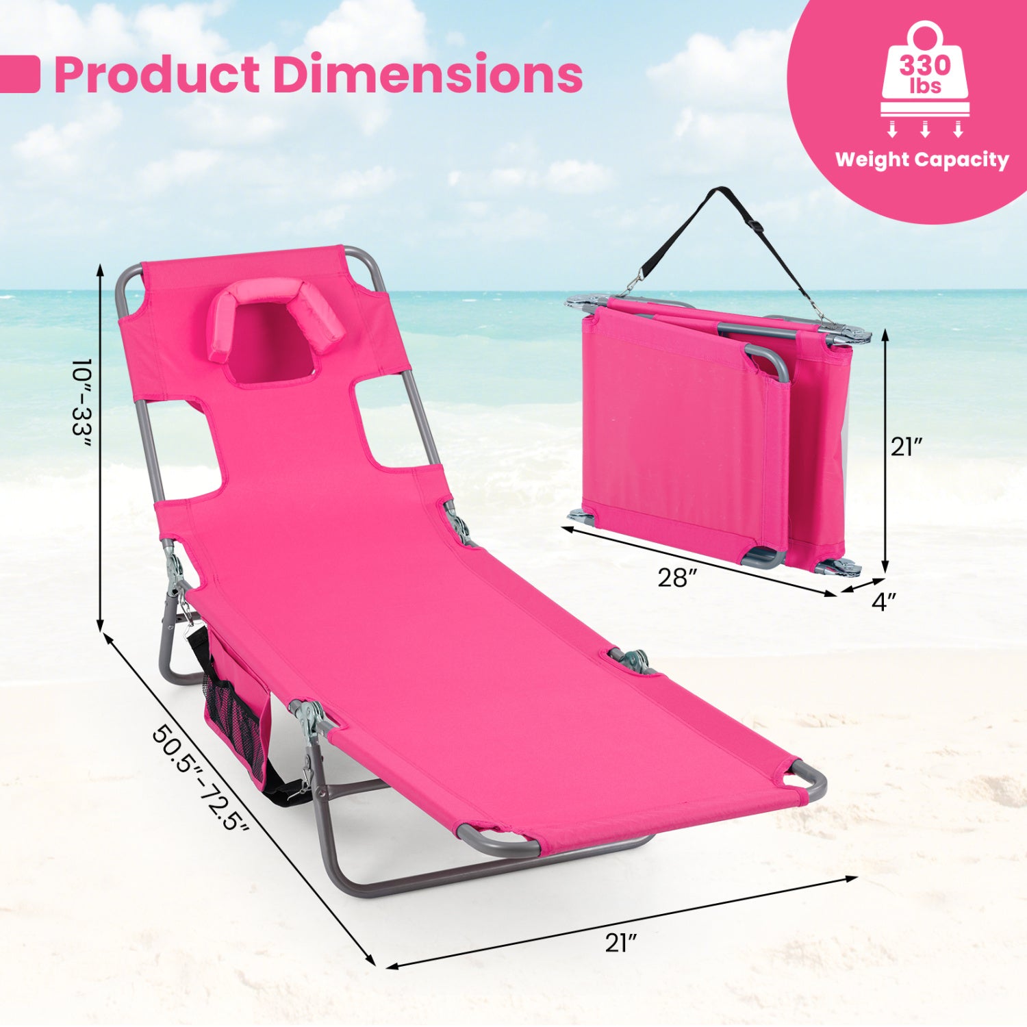 Folding Beach Lounge Chair, Adjustable Backrest, Pink Beach & Lawn Chairs at Gallery Canada