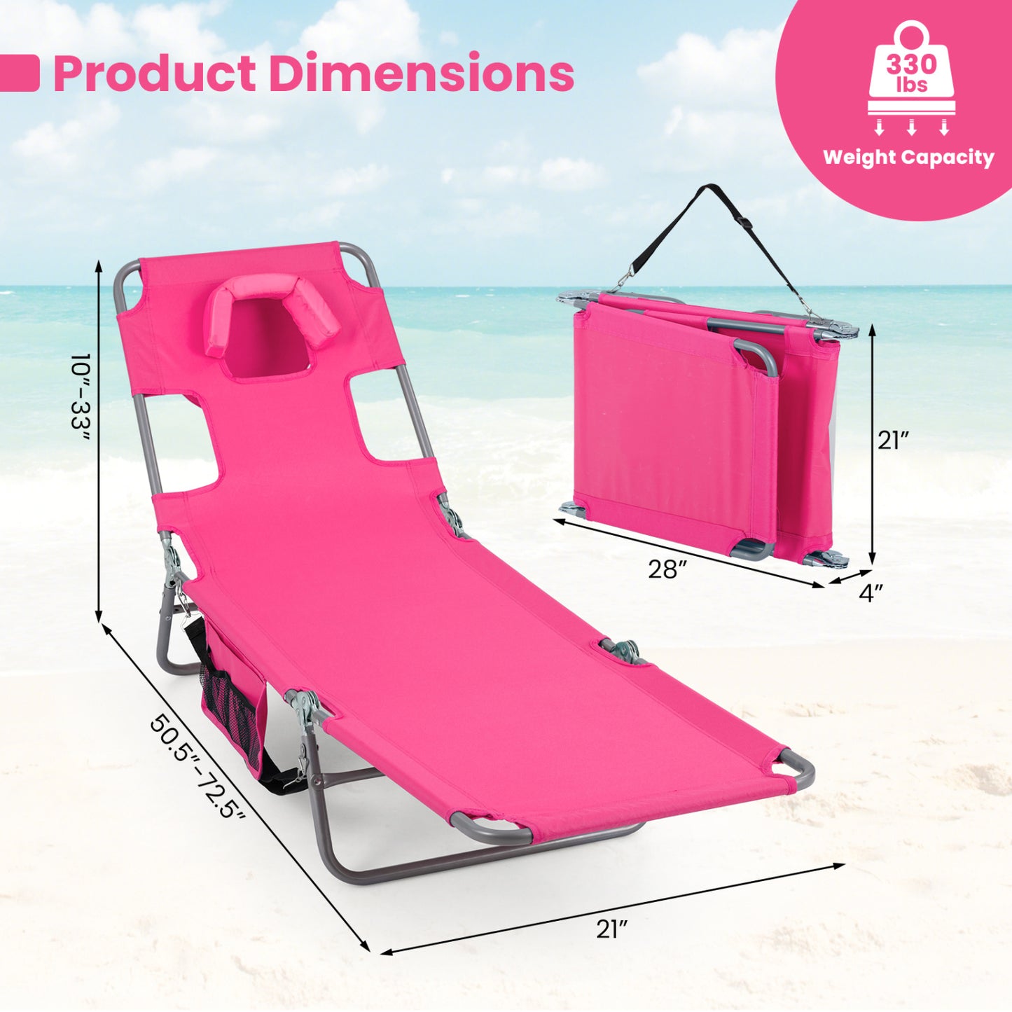 Folding Beach Lounge Chair, Adjustable Backrest, Pink Beach & Lawn Chairs at Gallery Canada