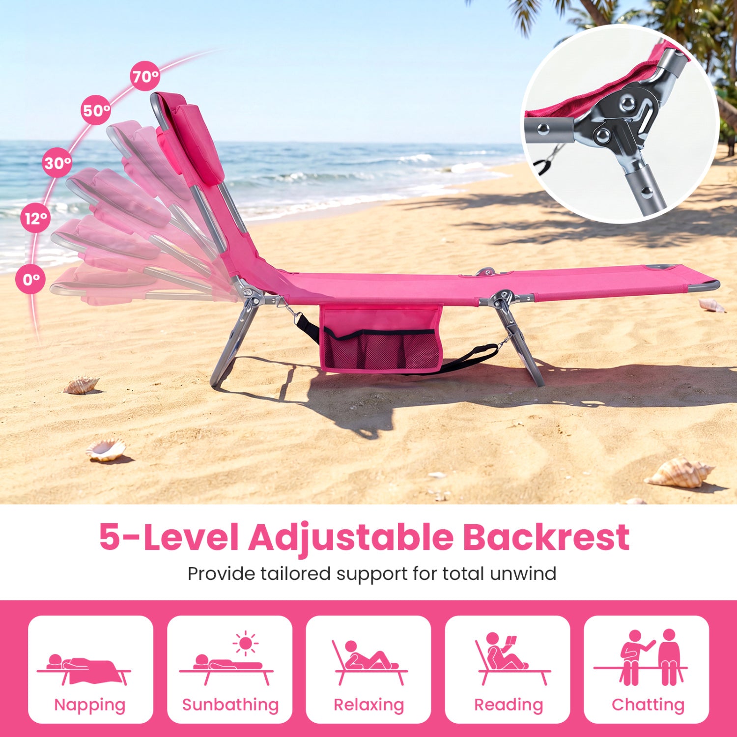 Folding Beach Lounge Chair, Adjustable Backrest, Pink Beach & Lawn Chairs at Gallery Canada