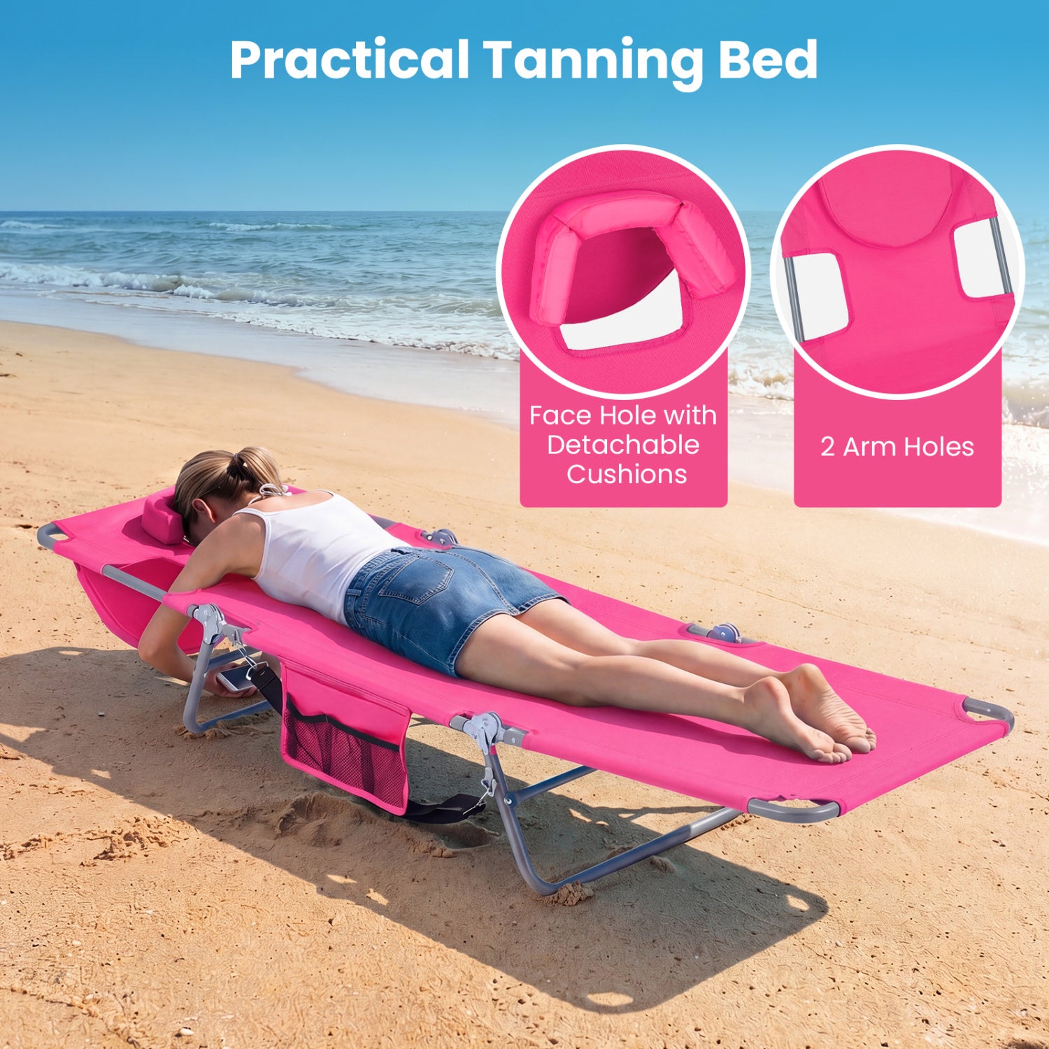 Folding Beach Lounge Chair, Adjustable Backrest, Pink Beach & Lawn Chairs at Gallery Canada