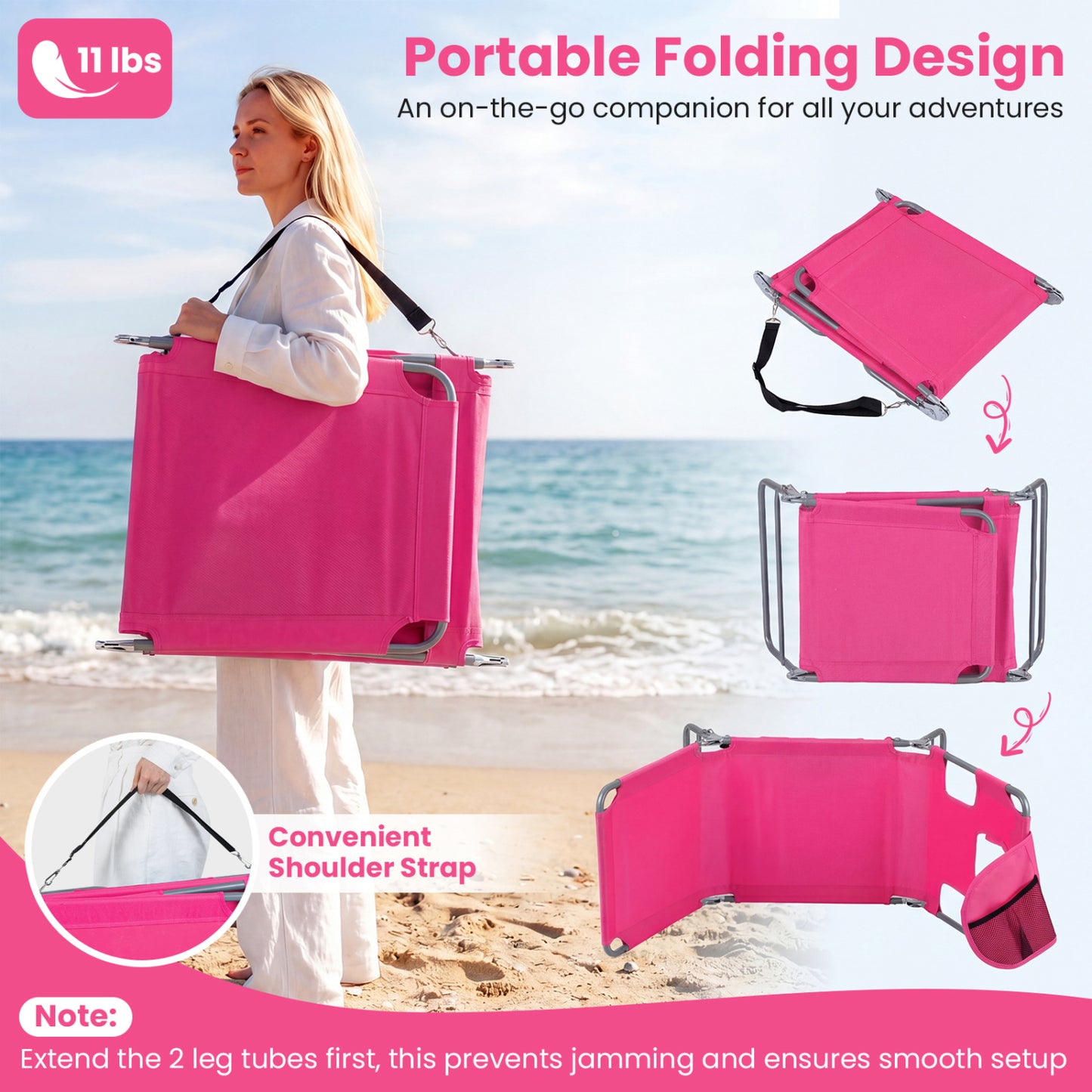 Folding Beach Lounge Chair, Adjustable Backrest, Pink Beach & Lawn Chairs at Gallery Canada