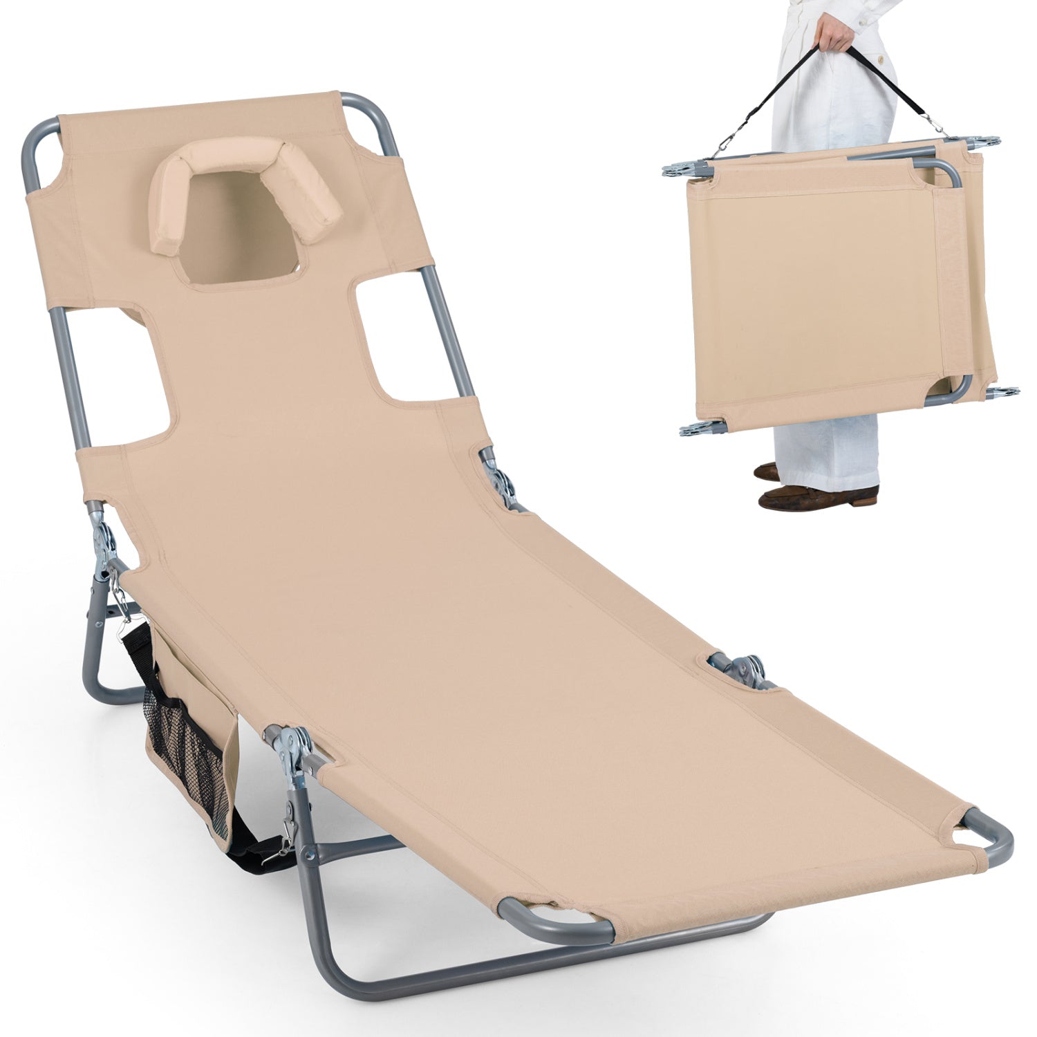 Folding Beach Lounge Chair, Adjustable Backrest, Beige Beach & Lawn Chairs at Gallery Canada