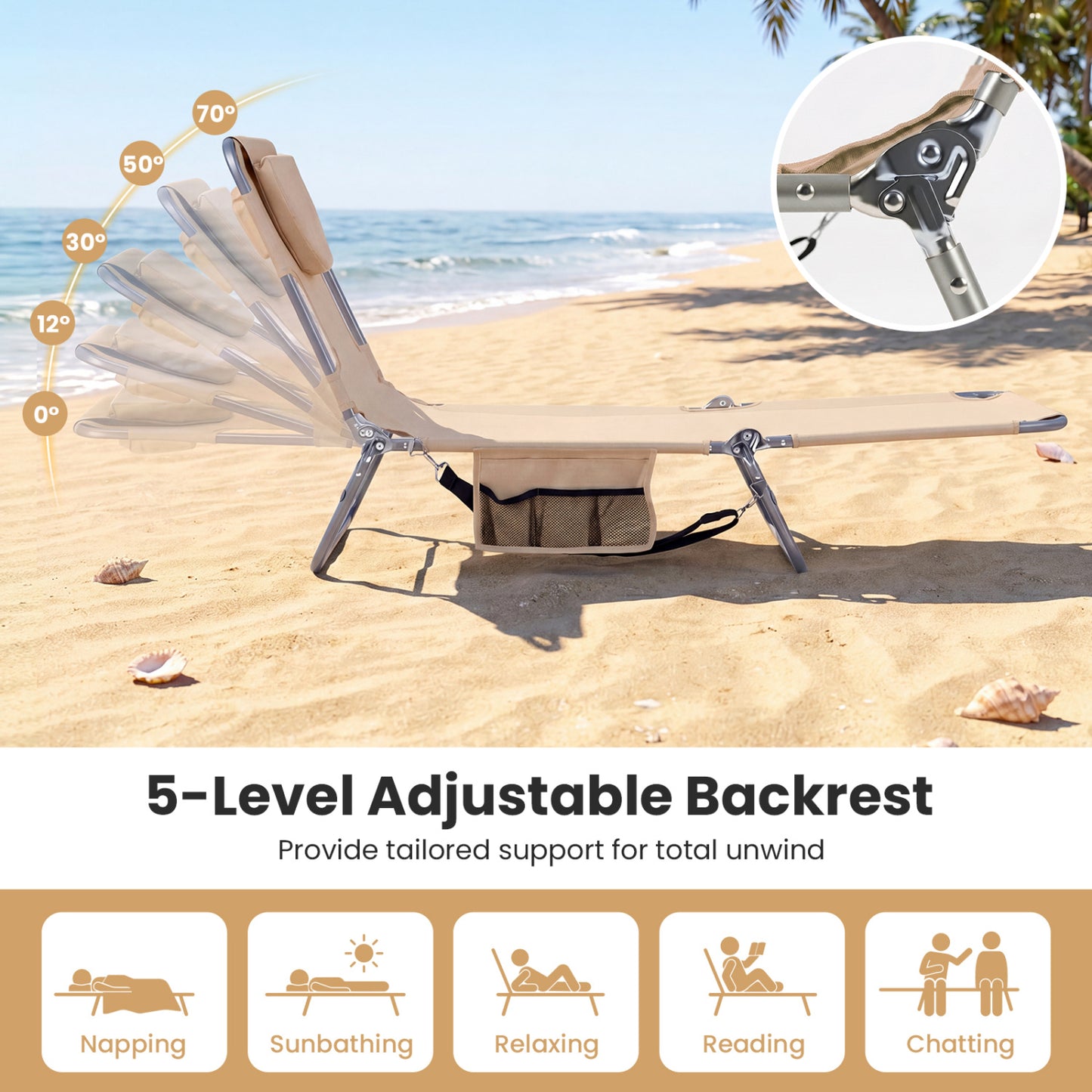 Folding Beach Lounge Chair, Adjustable Backrest, Beige Beach & Lawn Chairs at Gallery Canada