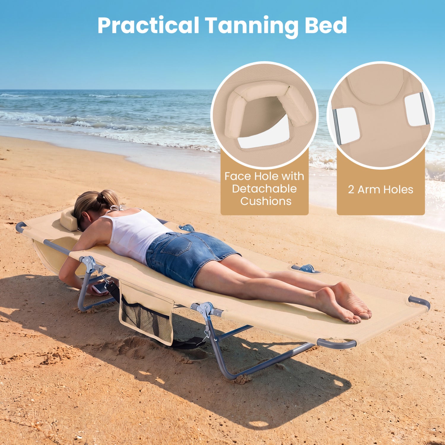 Folding Beach Lounge Chair, Adjustable Backrest, Beige Beach & Lawn Chairs at Gallery Canada