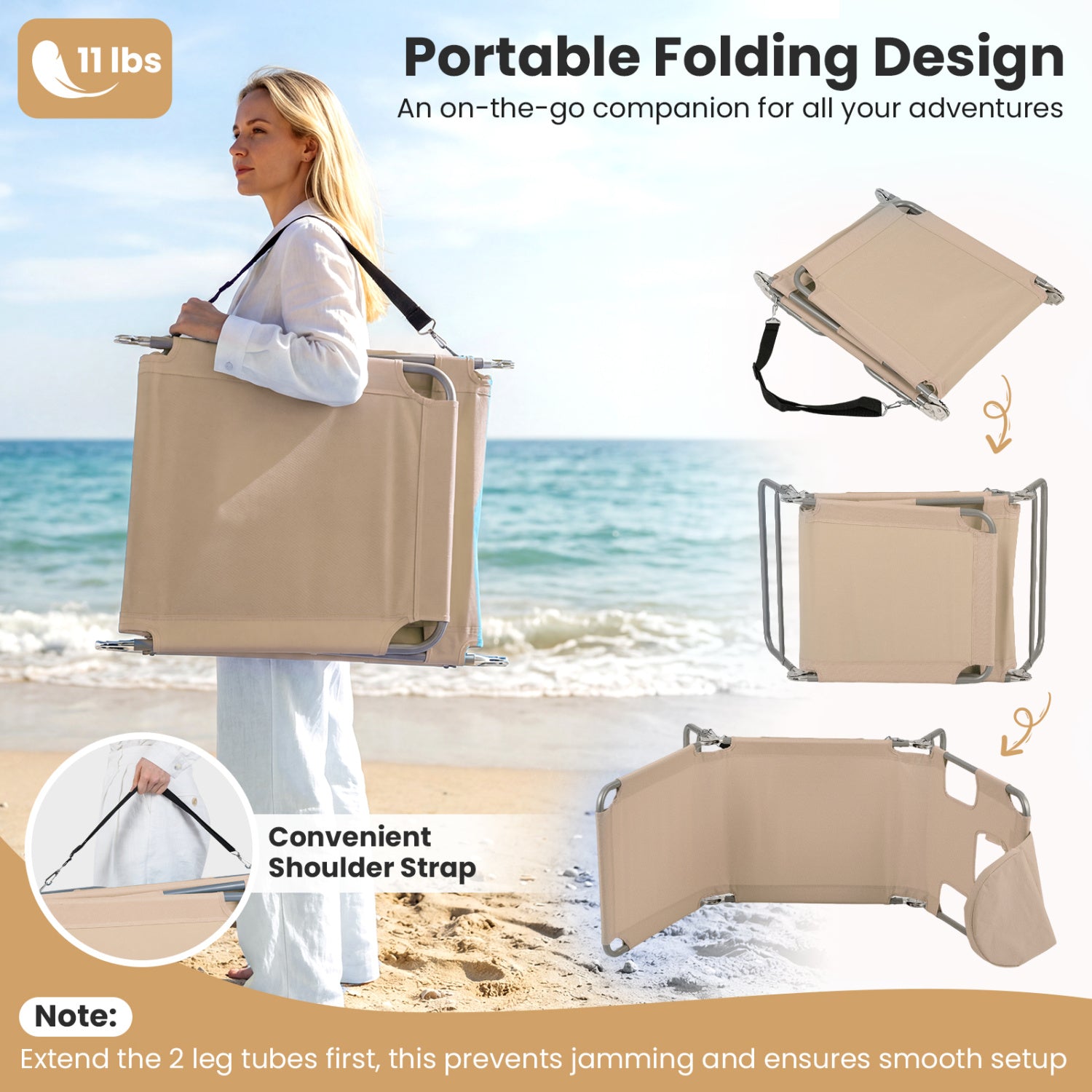 Folding Beach Lounge Chair, Adjustable Backrest, Beige Beach & Lawn Chairs at Gallery Canada