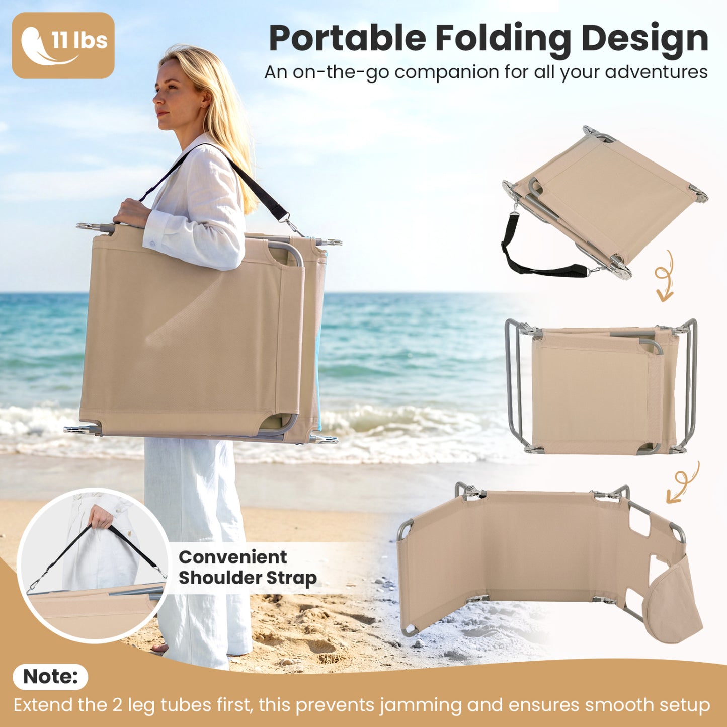 Folding Beach Lounge Chair, Adjustable Backrest, Beige Beach & Lawn Chairs at Gallery Canada