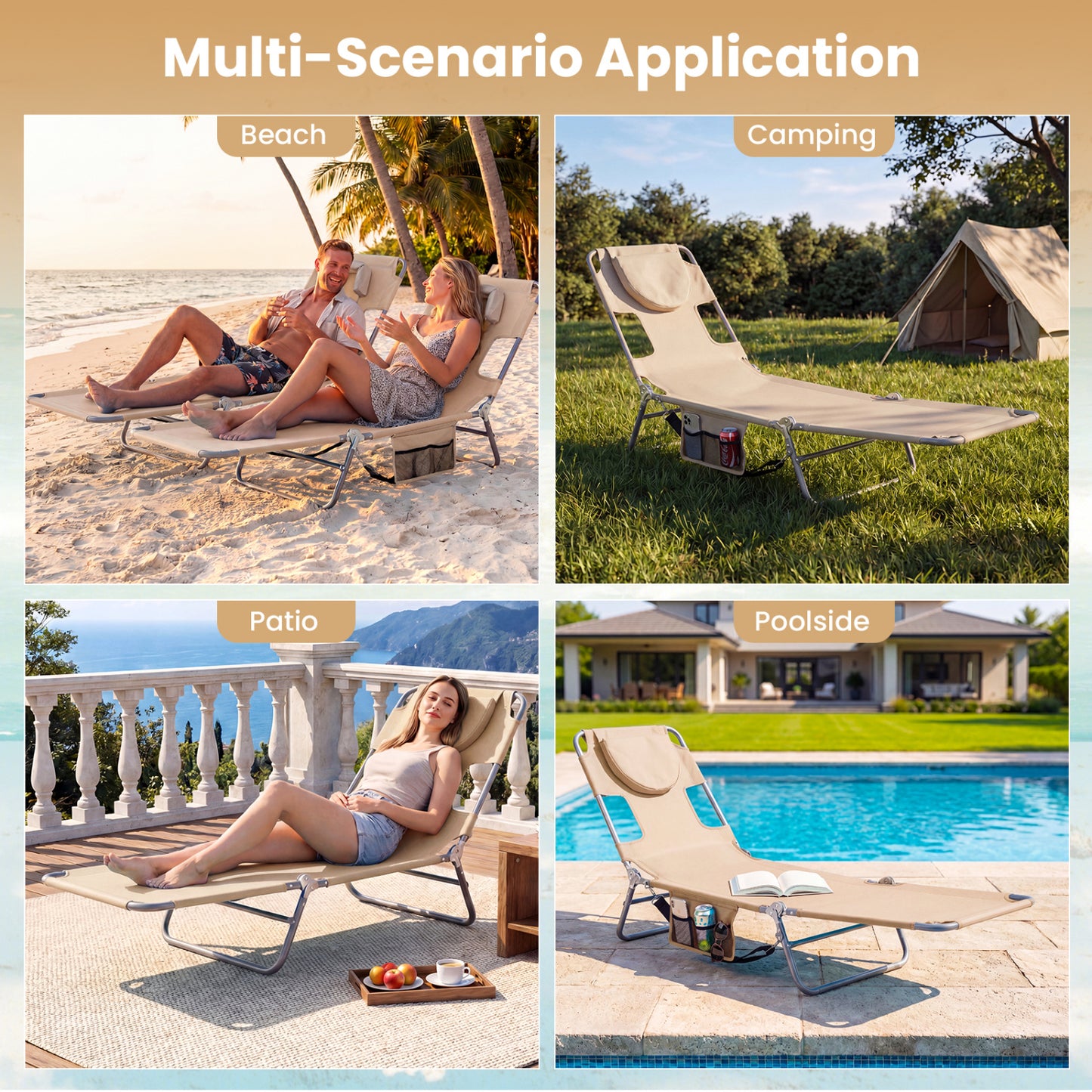 Folding Beach Lounge Chair, Adjustable Backrest, Beige Beach & Lawn Chairs at Gallery Canada