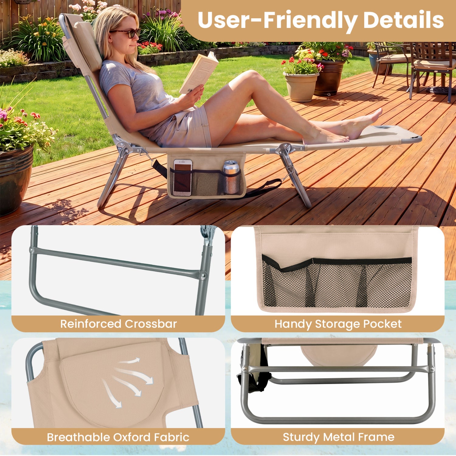 Folding Beach Lounge Chair, Adjustable Backrest, Beige Beach & Lawn Chairs at Gallery Canada