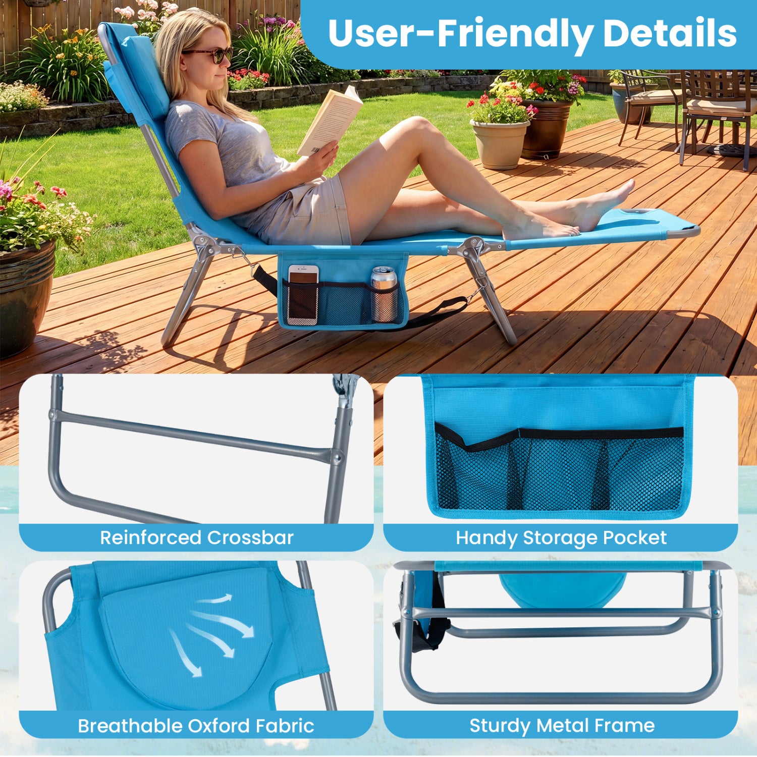 Folding Beach Lounge Chair, Adjustable Backrest, Turquoise Beach & Lawn Chairs at Gallery Canada