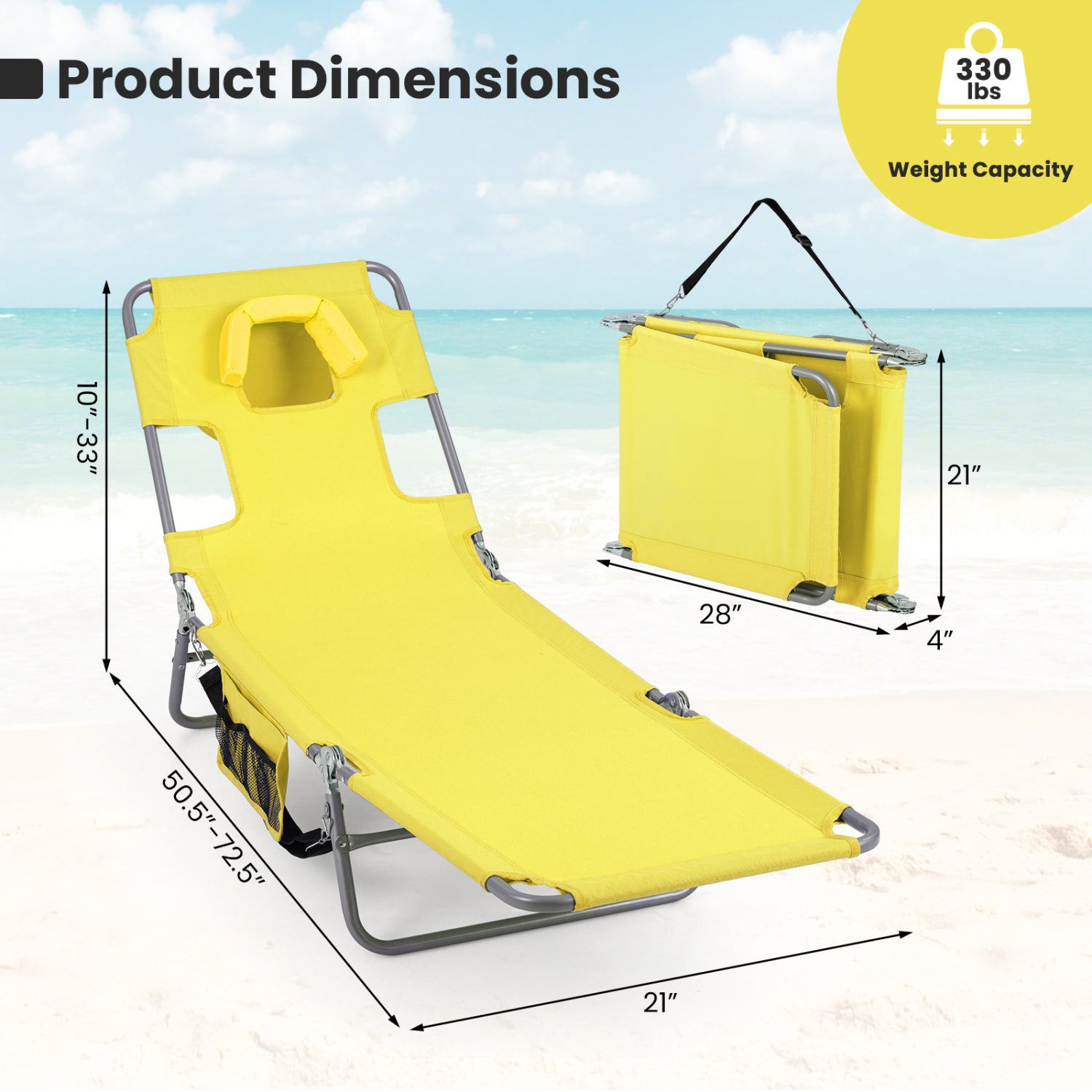 Folding Beach Lounge Chair, Adjustable Backrest, Yellow Beach & Lawn Chairs at Gallery Canada