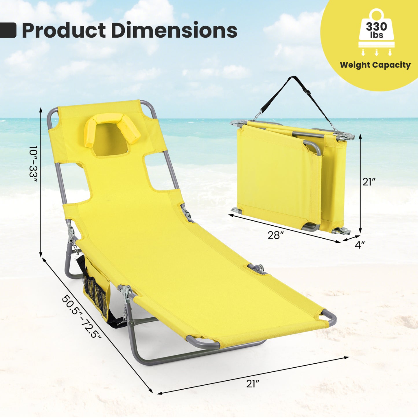 Folding Beach Lounge Chair, Adjustable Backrest, Yellow Beach & Lawn Chairs at Gallery Canada