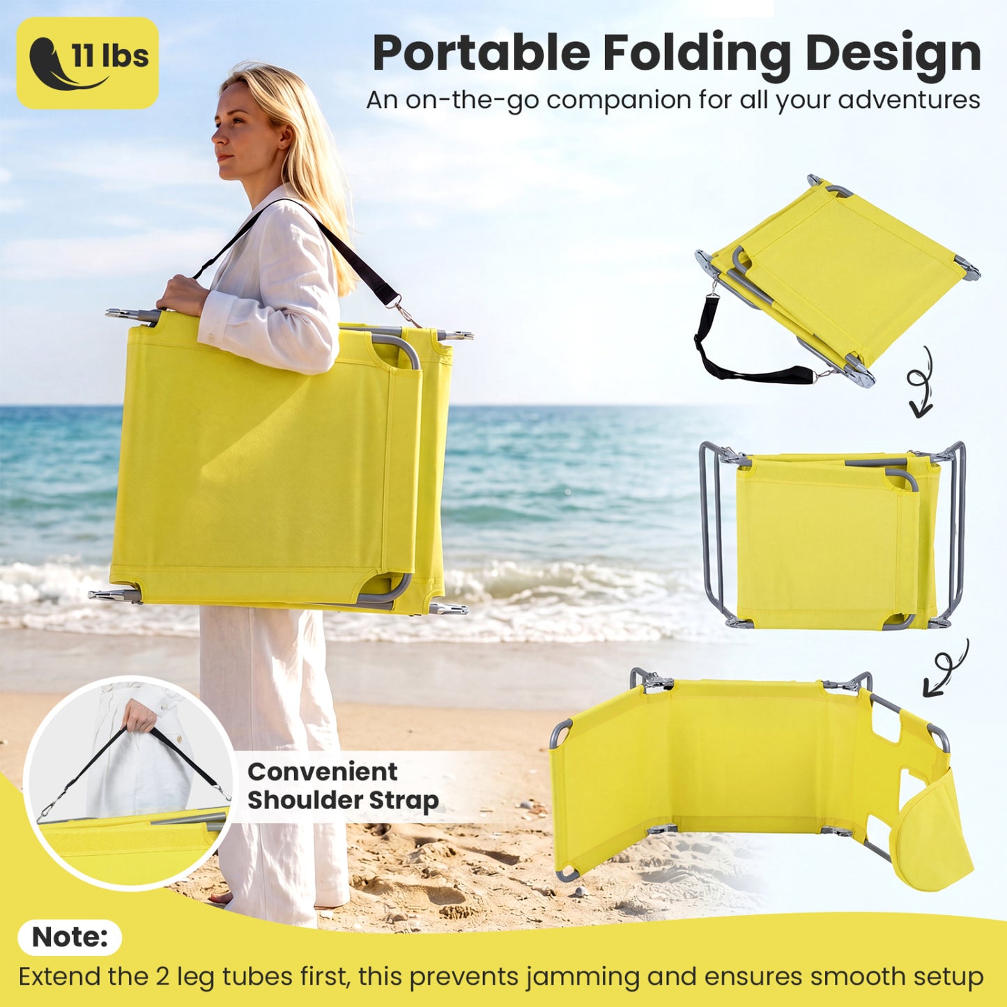 Folding Beach Lounge Chair, Adjustable Backrest, Yellow Beach & Lawn Chairs at Gallery Canada