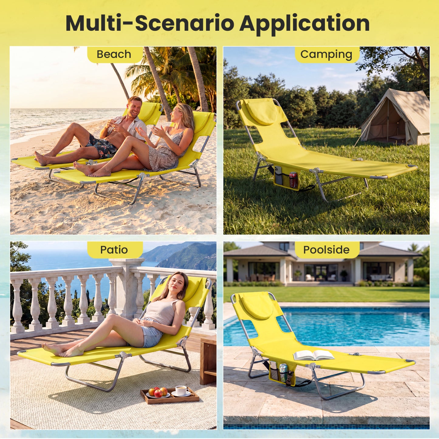 Folding Beach Lounge Chair, Adjustable Backrest, Yellow Beach & Lawn Chairs at Gallery Canada